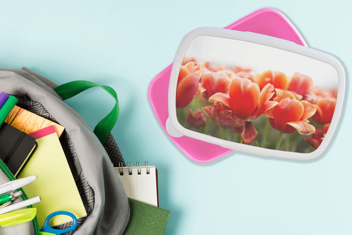 MuchoWow Lunchbox Bild der von Kinder, roten Brotdose für Kunststoff Snackbox, (2-tlg), Erwachsene, Mädchen, Kunststoff, rosa Tulpen, Blätter Brotbox