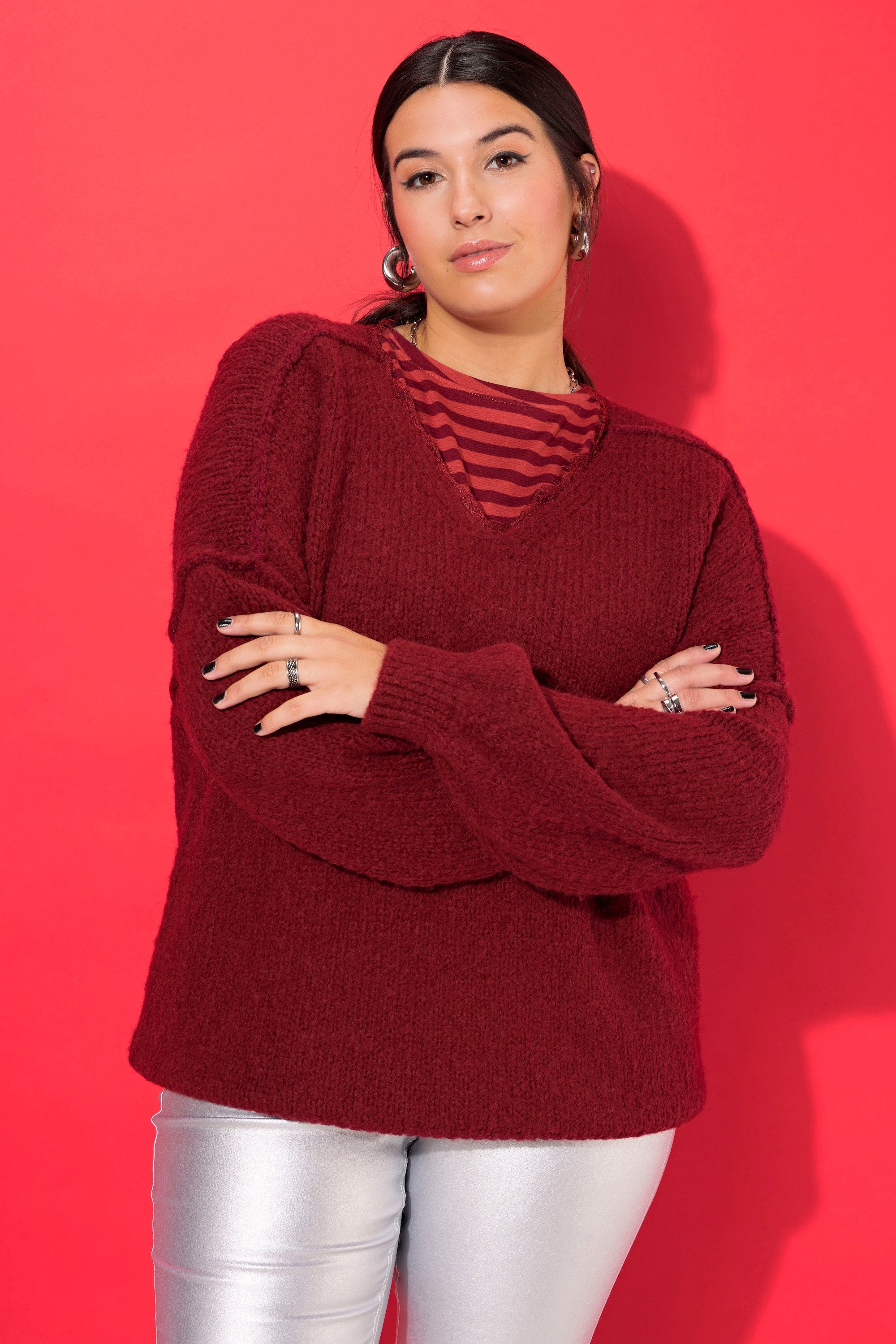 Studio Untold Fleecepullover Pullover V-Ausschnitt mit Spitze weiter Langarm