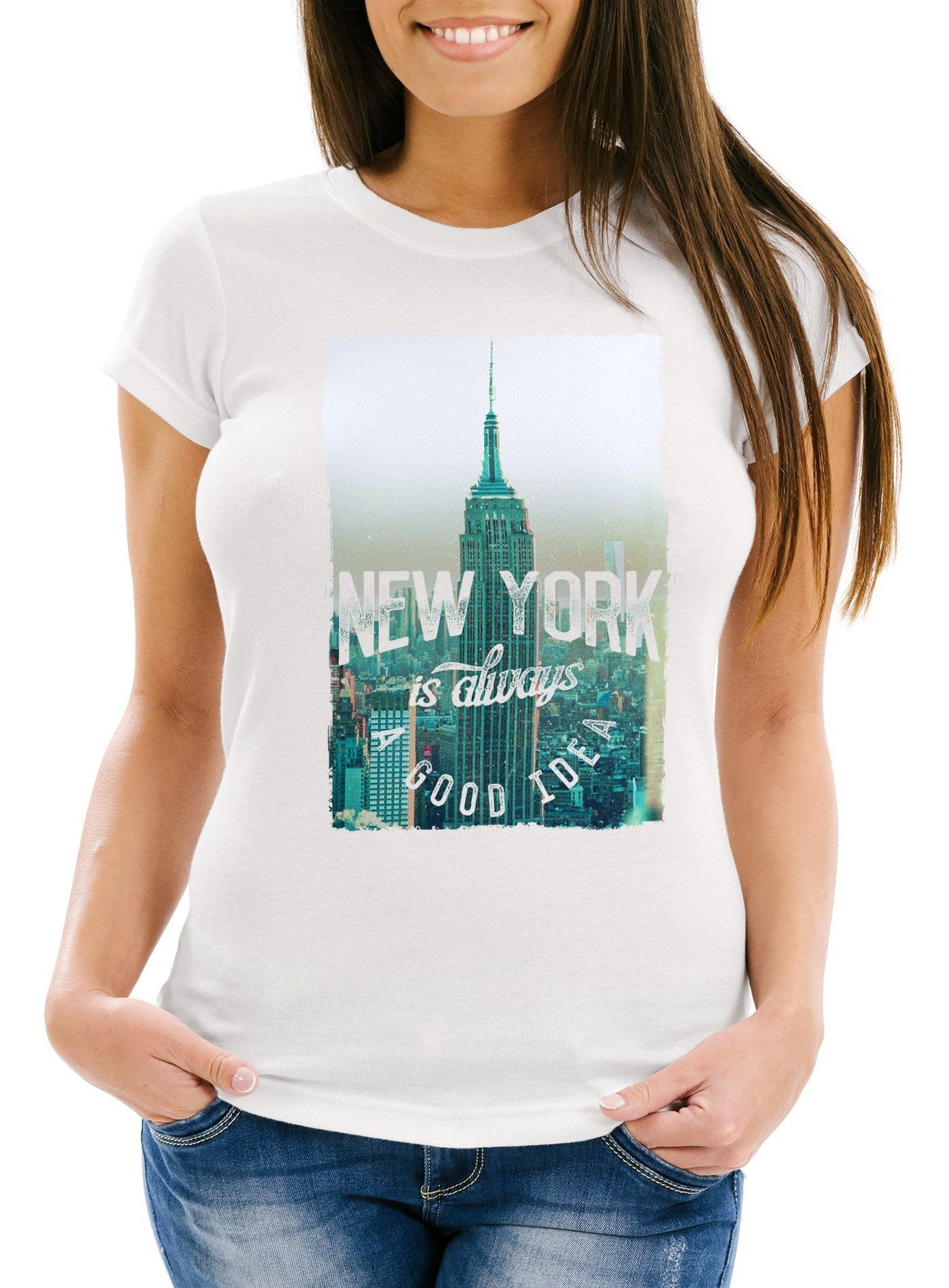 Neverless Print-Shirt Damen T-Shirt New York Skyline Foto Print Slim Fit mit Print