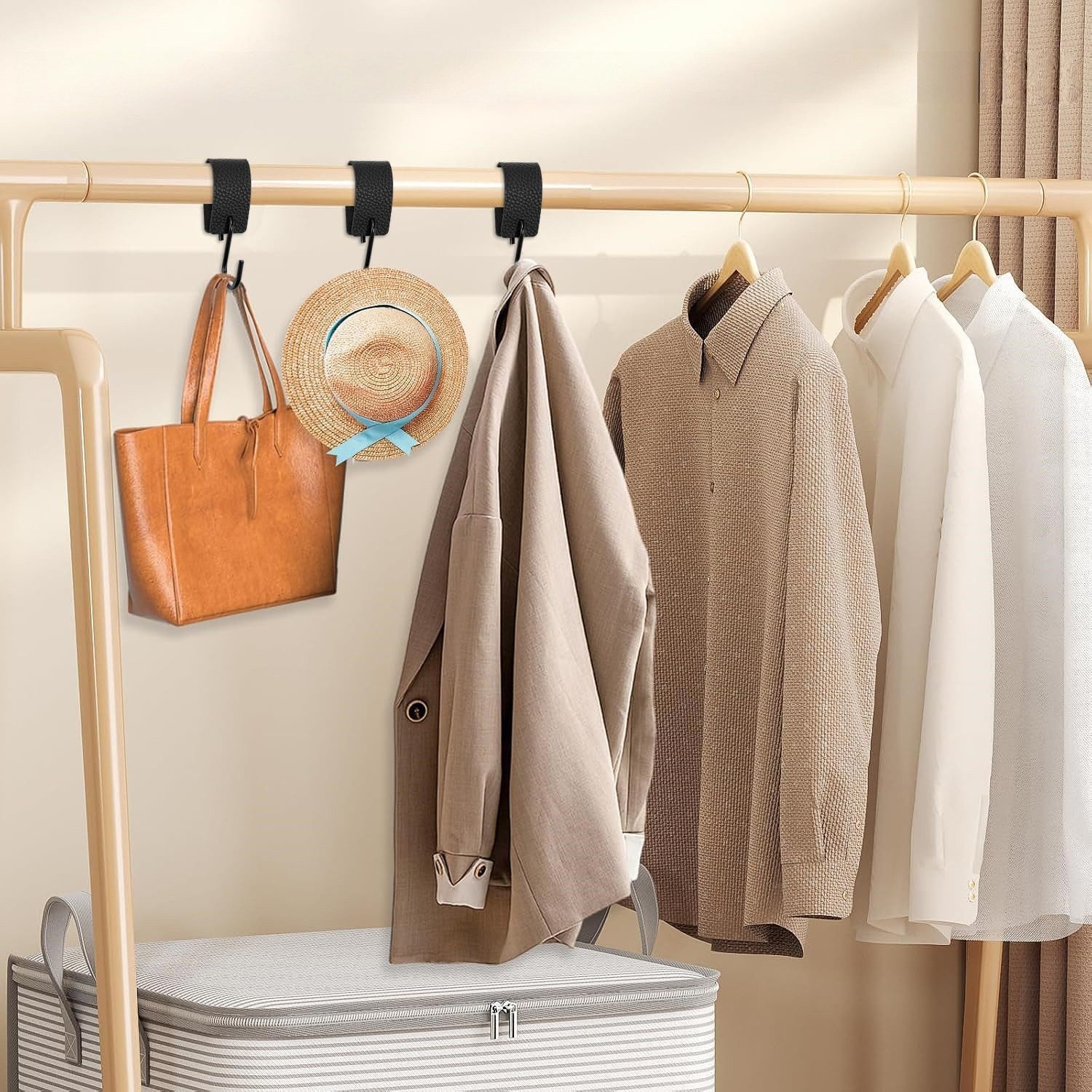 FOUORTUNATE-BEE Wandhaken 10er Set S-Haken Schwarz mit Lederband, Vielseitige Aufhängehaken, Haken für Küche, Bad, Wohnzimmer, Outdoor & Camping