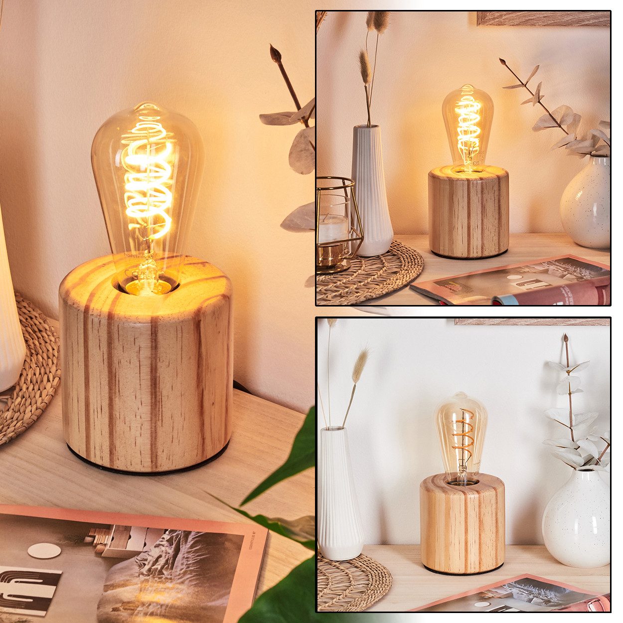 Tischleuchte Tischlampe aus Holz in Naturfarben/Schwarz