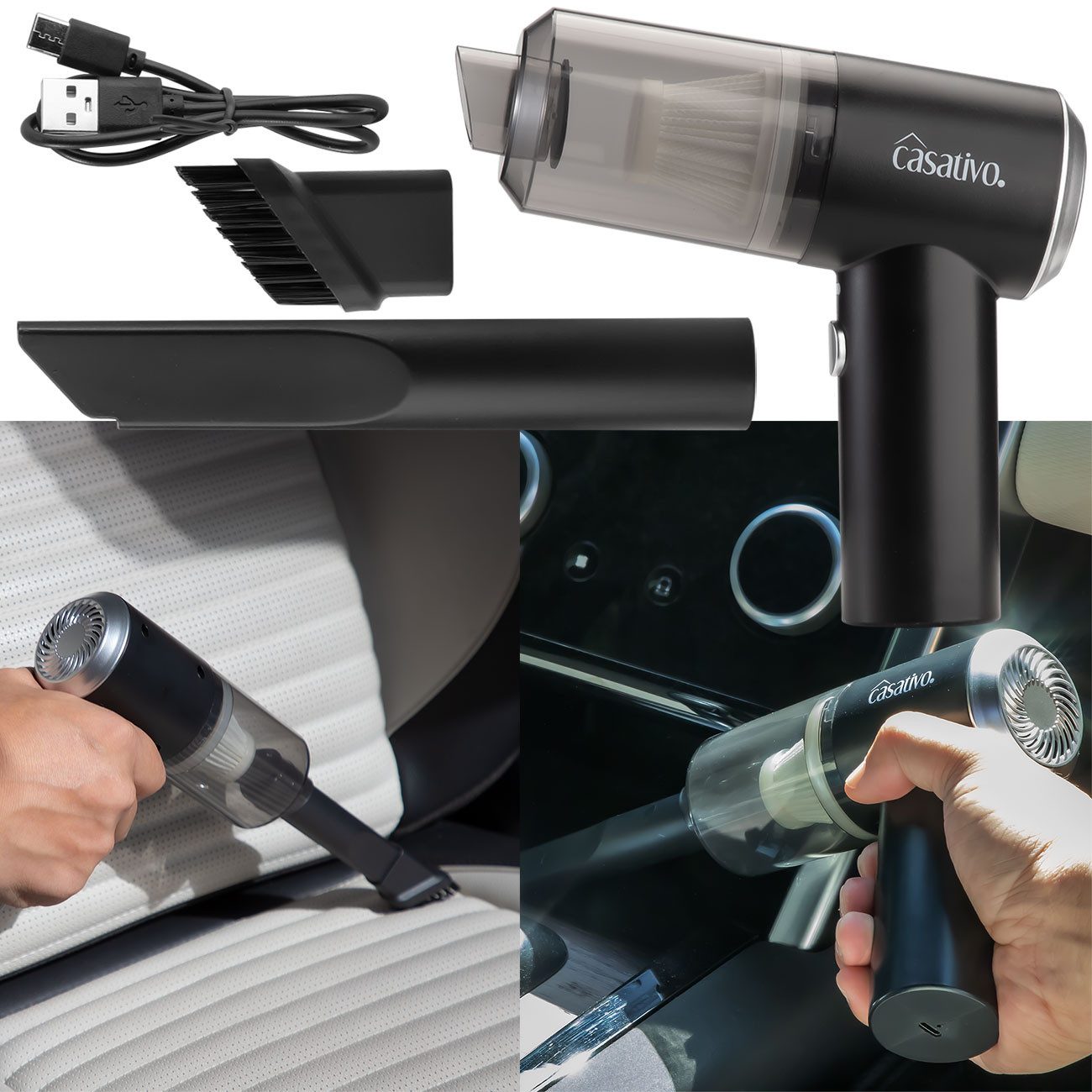Casativo Akku-Handstaubsauger Akku-Handstaubsauger 50W mit LED & HEPA-Filter 3kPa Saugkraft Schwarz, 50 W, beutellos, Minisauger kabellos/15 Min. Laufzeit/leicht (310 g)/80db