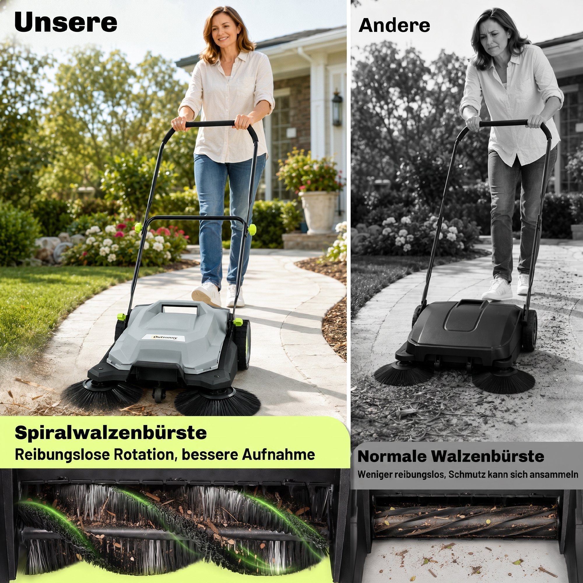 Outsunny Handkehrmaschine mit 24 L Schmutzbehälter, Höhenverstellbar klappbar Griff, 68 cm Arbeitsbreite, (Set, 1-St., Kehrmaschine), effektives 3-Bürsten-Kehrs – Bild 4 von 5