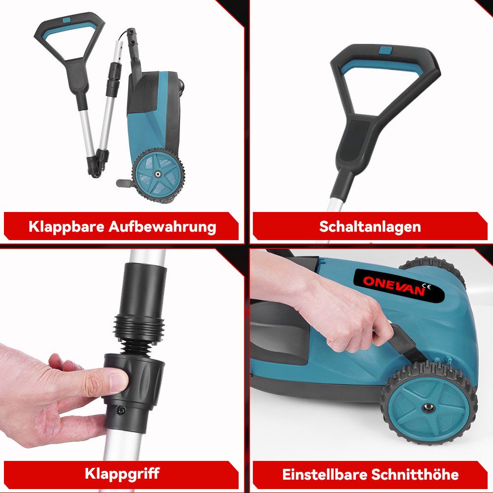 ONEVAN Cordless Lawn Mower 21cm Brushless Hand Lawn Mower with 2 Batteries, 3 Cutting Heights Safe Tilt 20°-70° for Yards