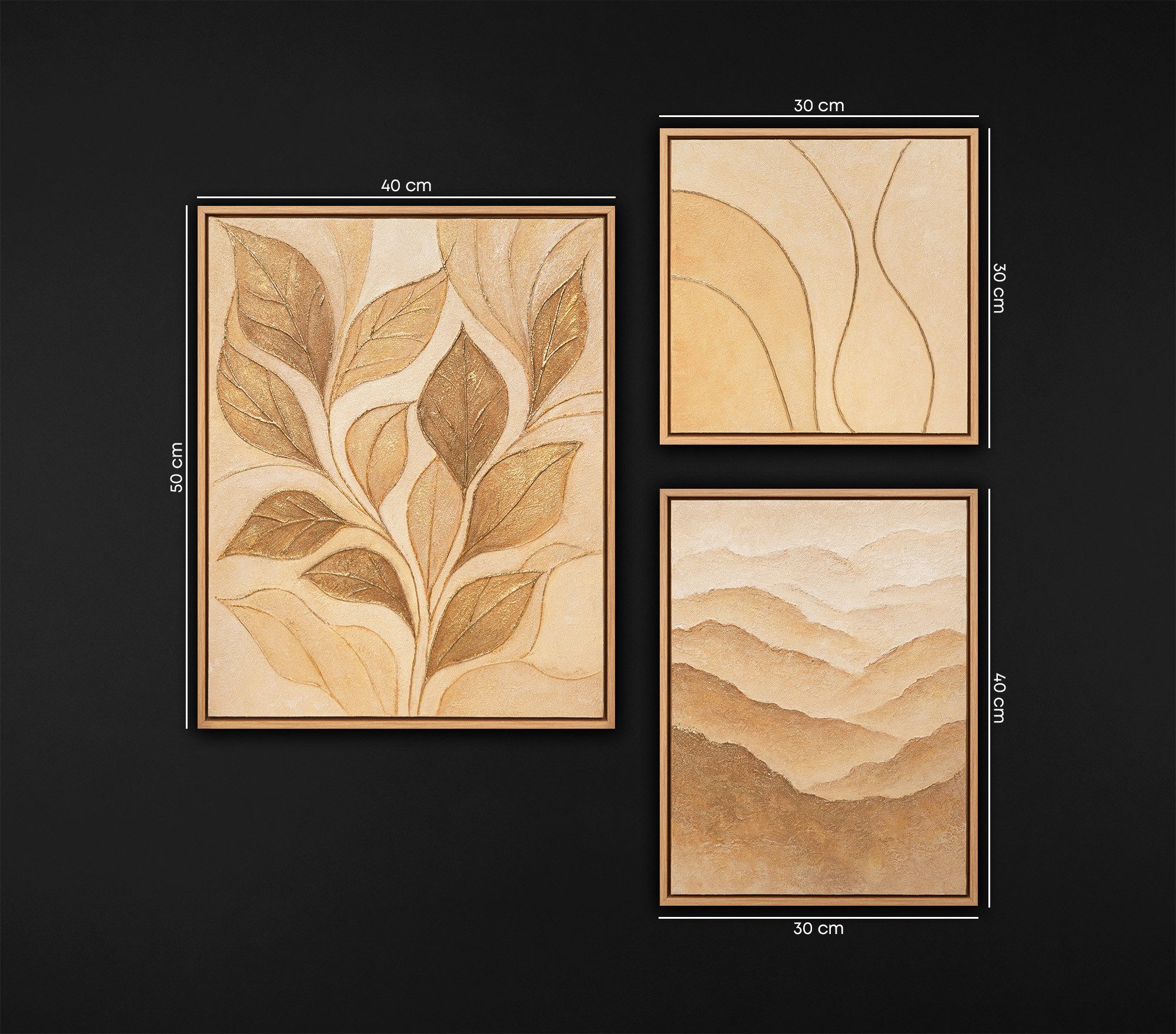 YS-Art Gemälde "Rascheln des Laubs", Blumen (Set, 3 St), Modernes Wandbilder Set Natur Beige – Abstrakt Bilder Set mit Rahmen