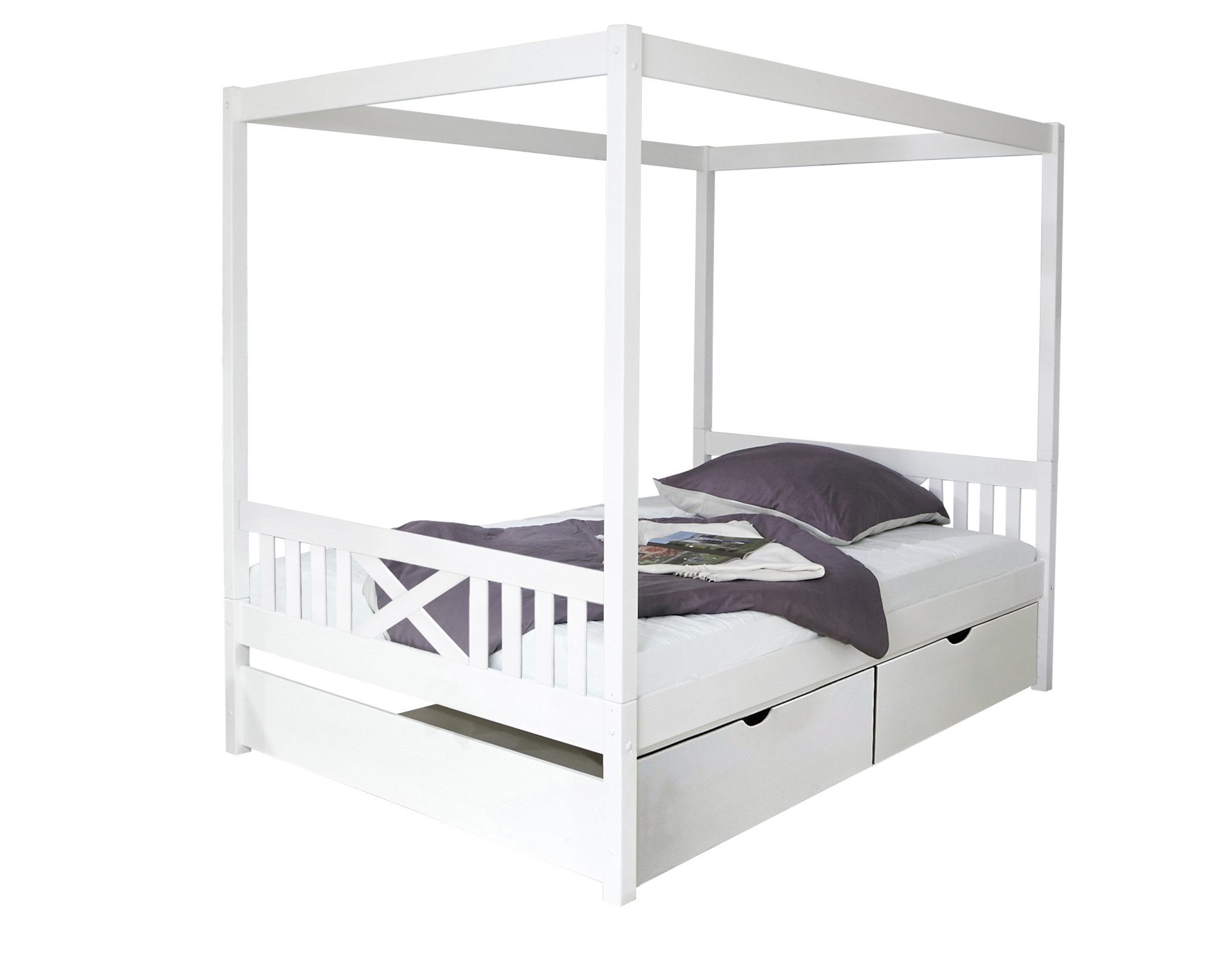 Ticaa Himmelbett Himmelbett Lino Kiefer Weiß 140x200, Oberer Teil abnehmbar und als Einzelbett stellbar