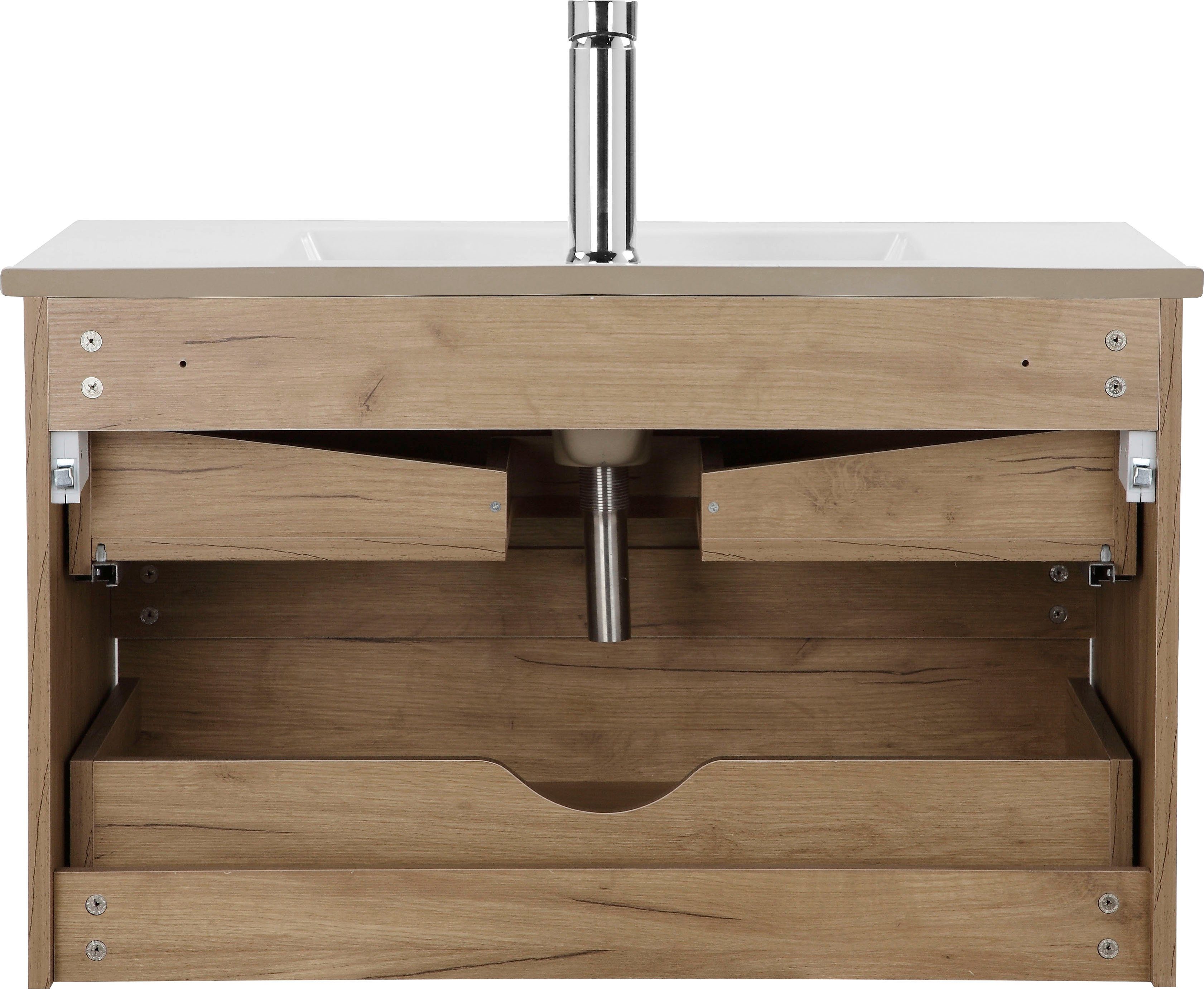 welltime Waschtisch Torun Badezimmerschrank Unterschrank mit Glasfronten und Softclose (Set), Waschplatz mit 2 Schubladen und Waschbecken Breite 80 cm