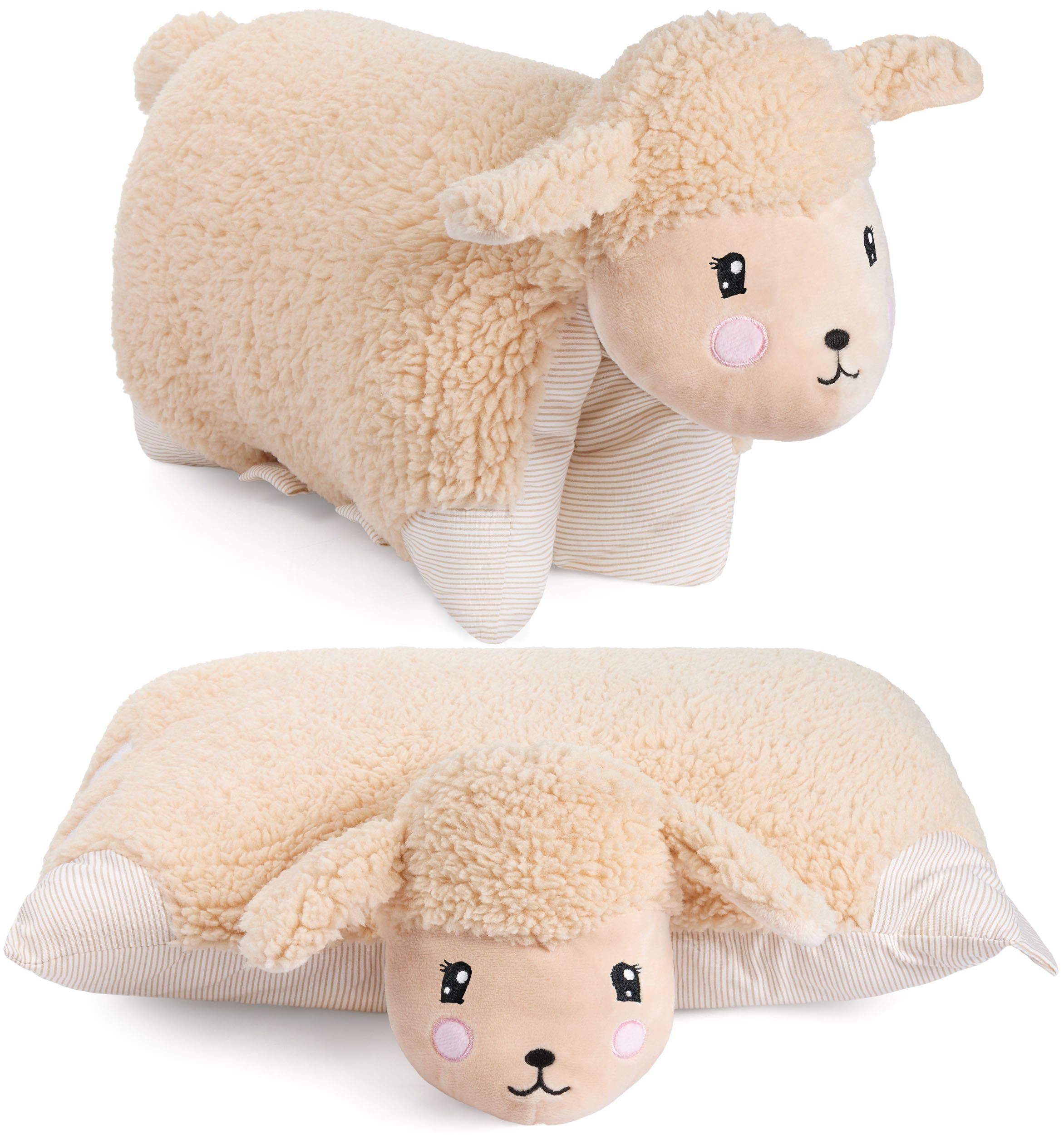 BRUBAKER Kuscheltier Kissen - Schaf - 2 in 1 Plüschtier und Kuschelkissen - 40 x 30 cm (Dekokissen, 1-St., Tierkissen Schafkissen Stofftier), aufklappbares Kinder Plüschkissen mit Klettverschluss