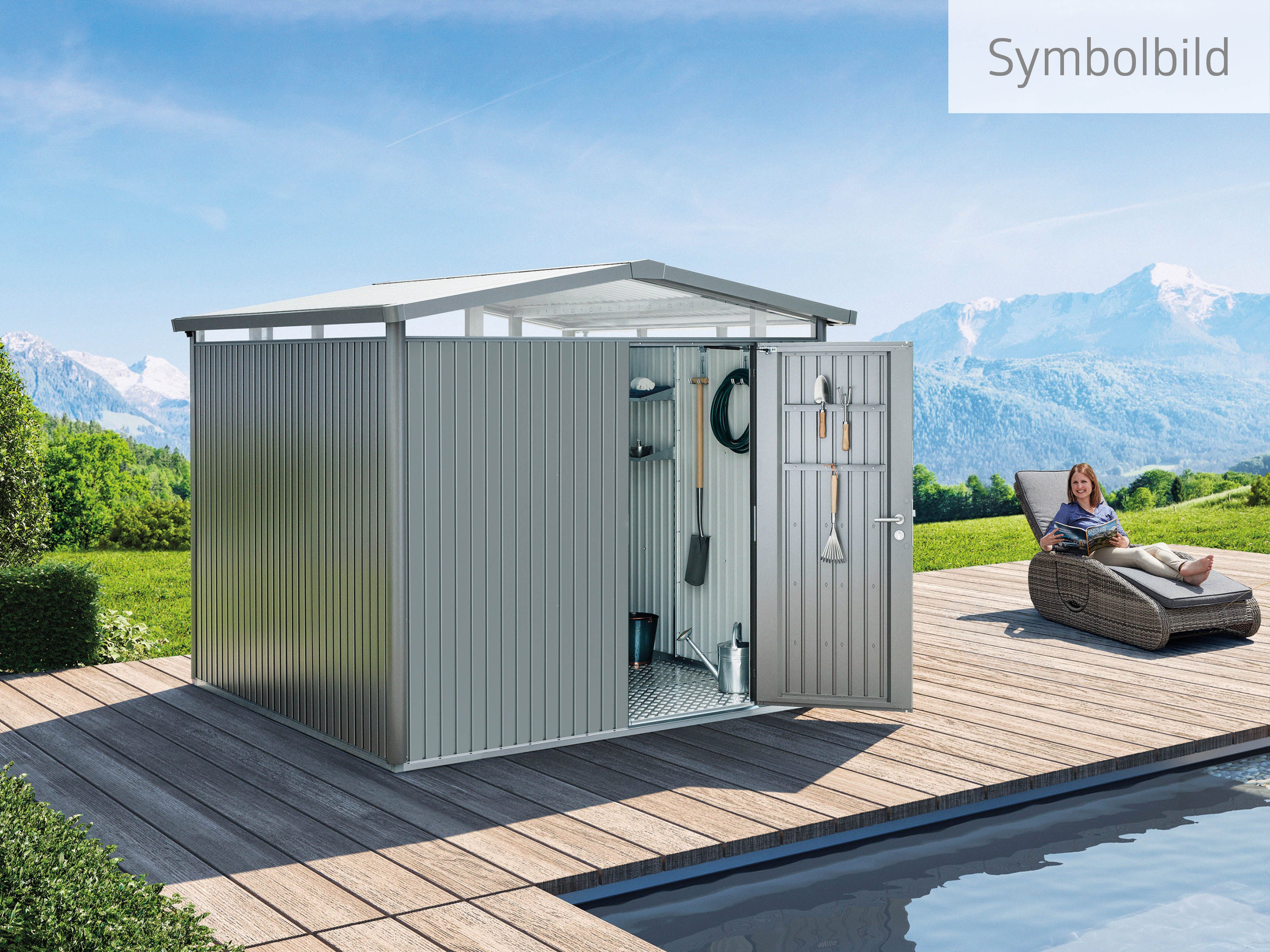 Biohort Gerätehaus PANORAMA Gr. P3 quarzgrau-metallic mit Standardtür, BxT: 273x238 cm, aus Metall mit umlaufendem Acrylglas-Lichtband