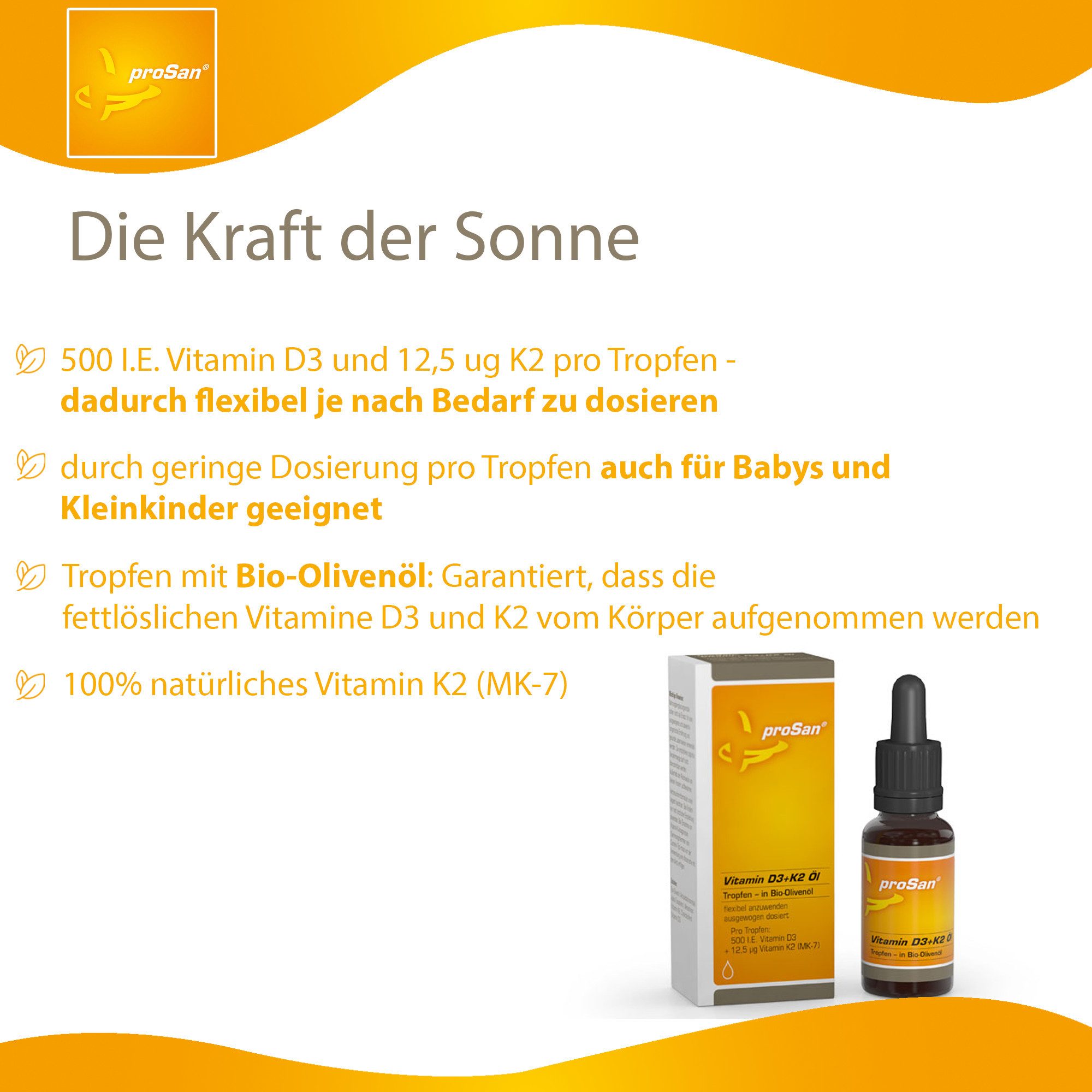 proSan Vitamin D3+K2 Öl, Aus Bio-Olivenöl, hochdosiert & bioverfügbar, Tropfen, 20 ml