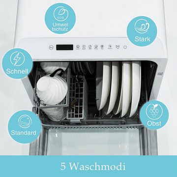 OKWISH Tischgeschirrspüler Mini Geschirrspüler Spülmaschine Tischspülmaschine Tragbar, DW-Q01, 5 Maßgedecke, 6 Programme Auto-Trocknung mit oder ohne Wassertank (5 Liter) nutzbar