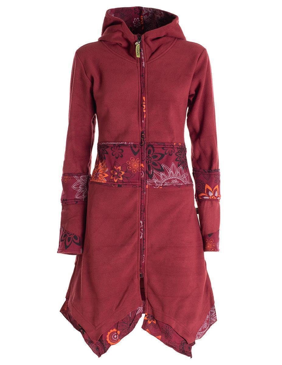 Vishes Kurzmantel Fleece Mantel Fleecemantel Hooded Cardigan Zipfelkapuzenjacke Goa, Gothik, Ethno, Boho Style dunkelrot