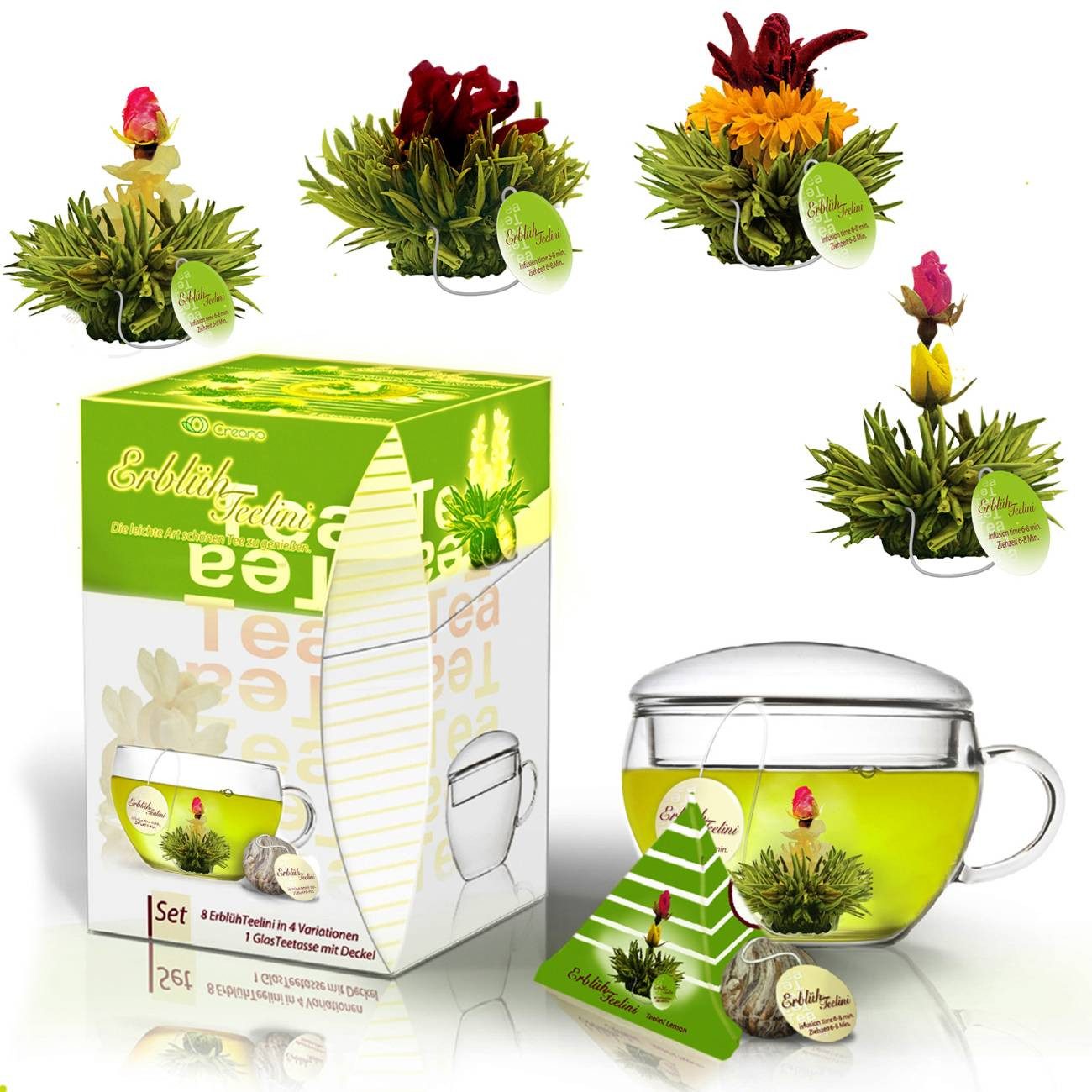 Creano Tee ErblühTeelini Geschenkset mit Teeglas und 8 Teeblumen, grüner Tee, 1 x 8 St.