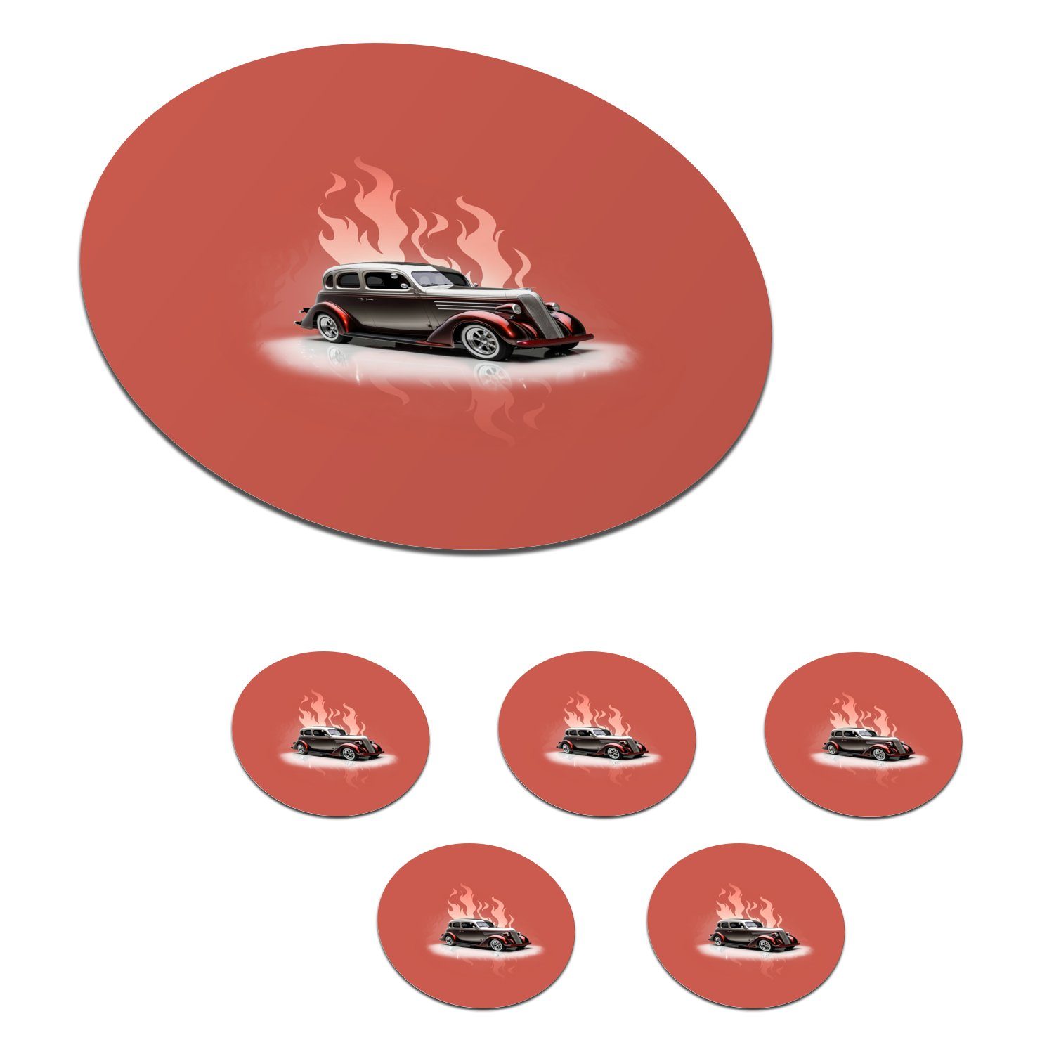 Zubehör 6-tlg., Korkuntersetzer, MuchoWow Vintage Gläser, Tassenuntersetzer, für - Becher Getränkeuntersetzer, Tasse, Rosa - Flammen, Glasuntersetzer - Auto