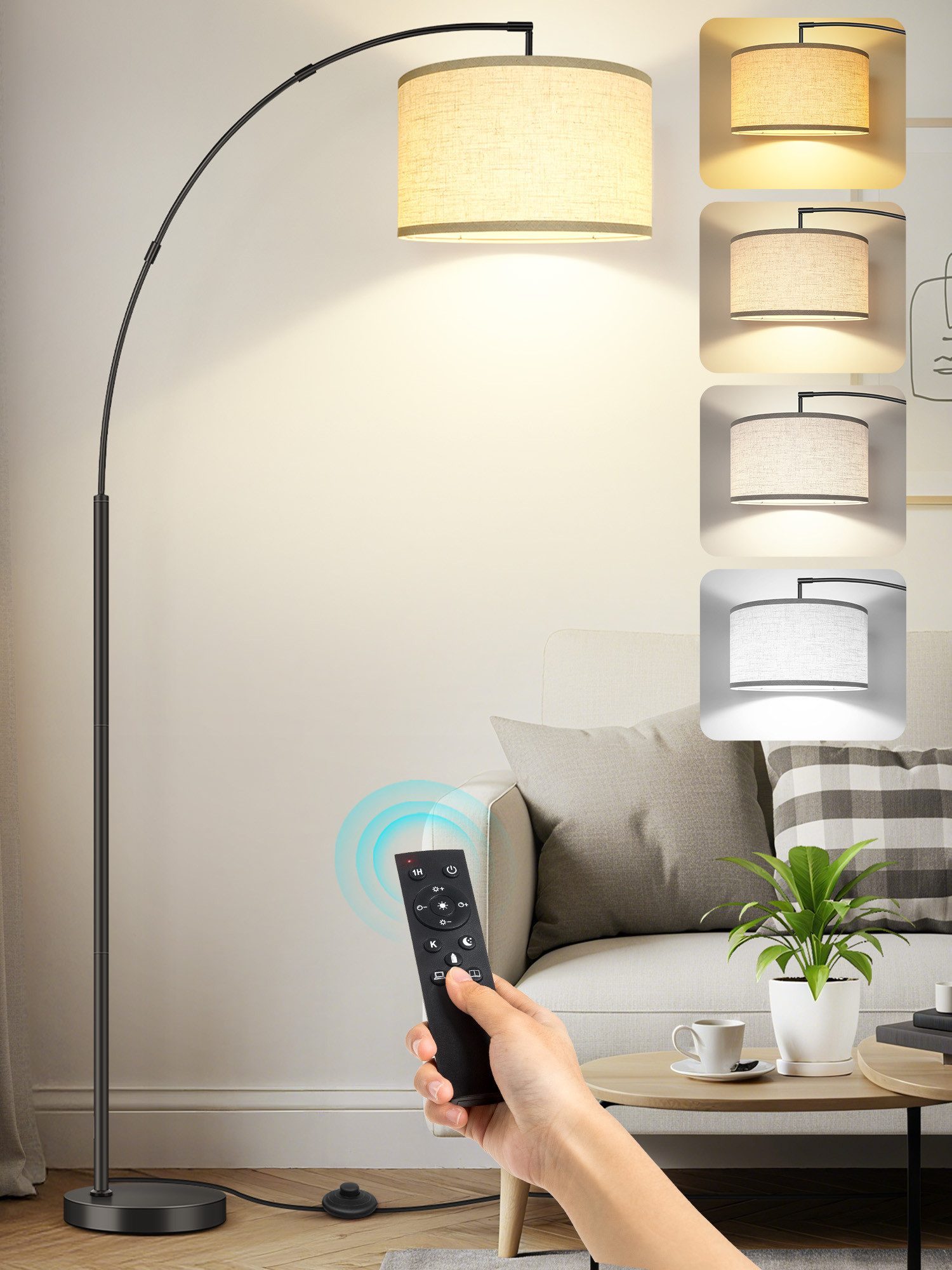 OUTON LED Stehlampe Bogen Stehleuchte großem Lampenschirm 4 Farben, LED wechselbar, dimmbar Fernbedienung Fußschalter