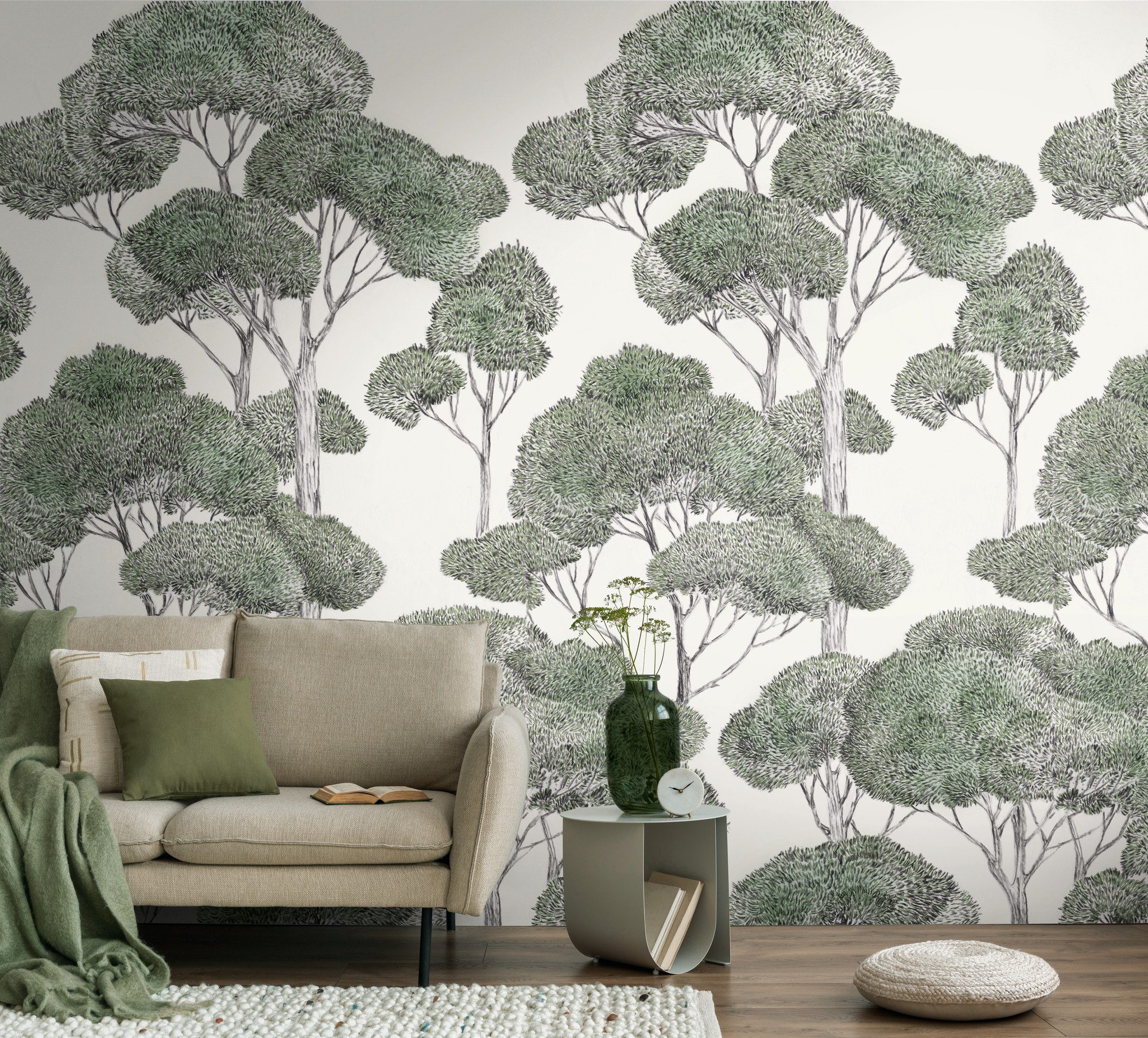 living walls Vliestapete Vibes & Styles Silvanor – Forest Sketch Fototapete, leicht strukturiert, Comic, (1 St), Stilisierte Baumlandschaft mit feinen Linien und ruhiger Tiefenwirkung