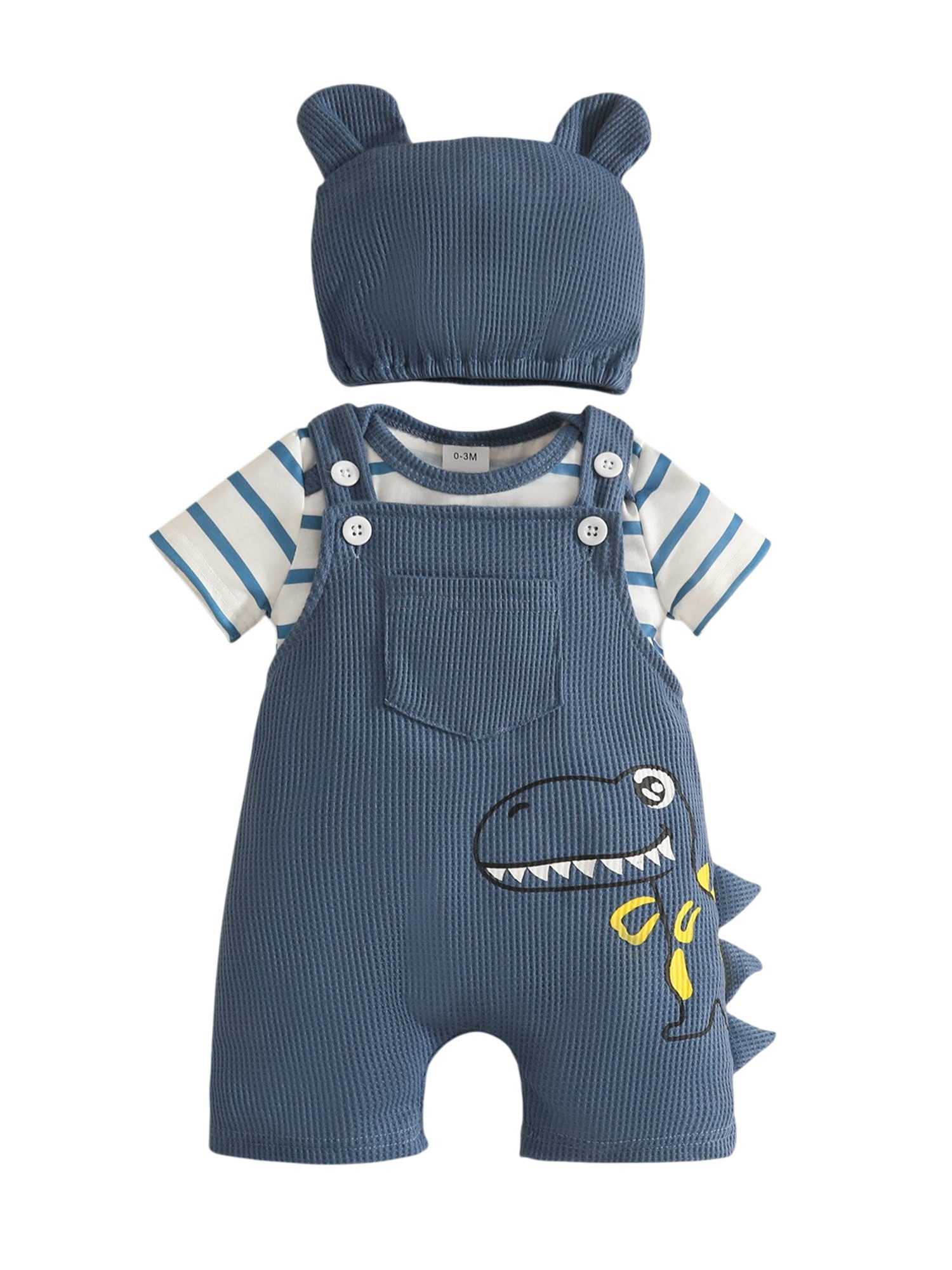 Gluckids Shirt, Hose, Jacke & Mütze Jungen Sommeroutfit, gestreifter Strampler, Bedruckter Latzhose, Mütze (Set, 3-tlg) Neugeborenes Casual Anzug mit Dinosaurier-Print, Geburtstagsgeschenk