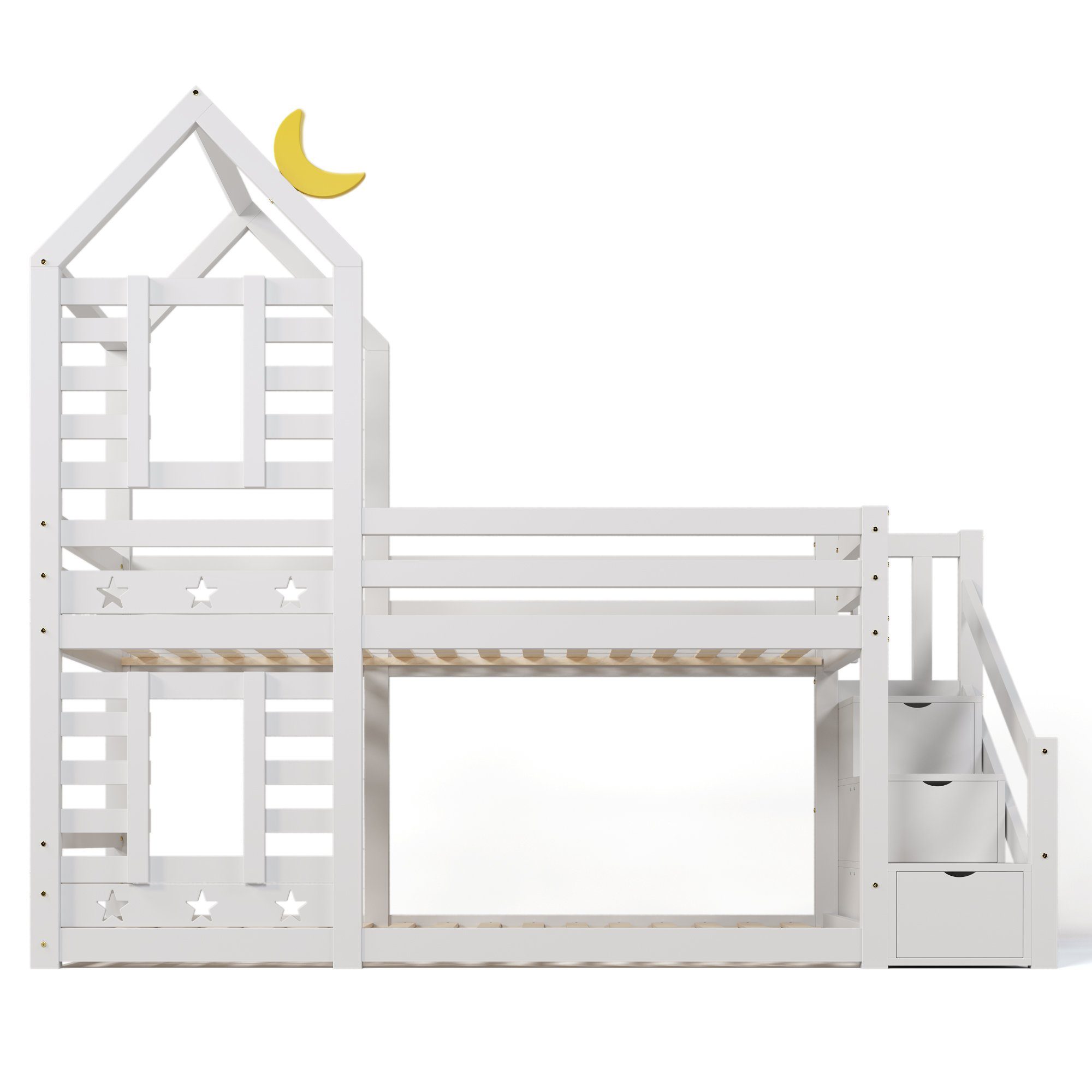 Etagenbett (Hausbett mit Lattenrost), Kinderbett mit Treppe Schubladen und Rausfallschutz 90x200cm