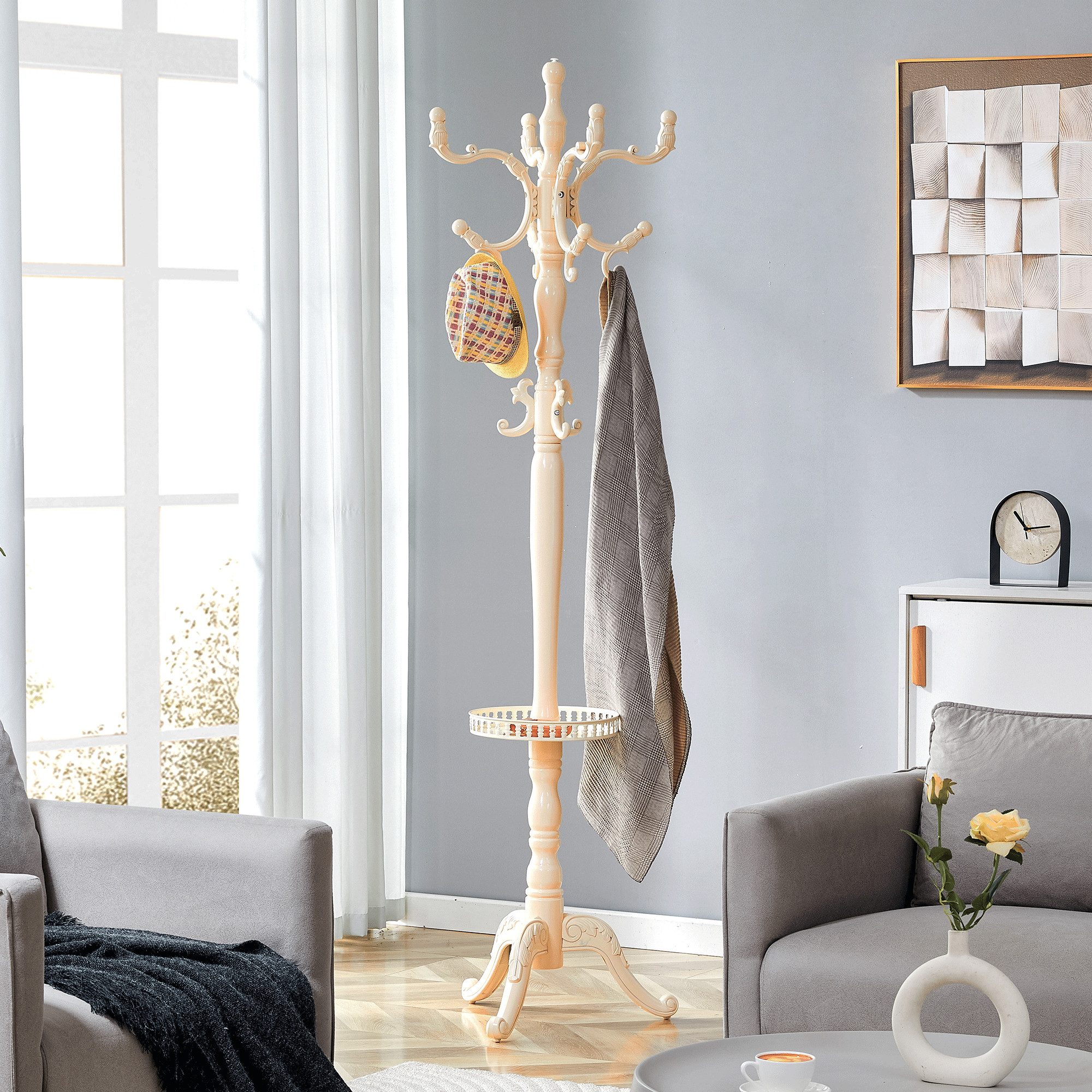 HAUSS SPOLE Garderobenständer Massivholz mehrstufig,Garderobenbaum mit Haken Rutschfest Cremeweiß, (Garderobenstange Kleiderstativ einfach zu montieren mit mehreren Haken), Standgarderobe mit rutschfesten Füßen