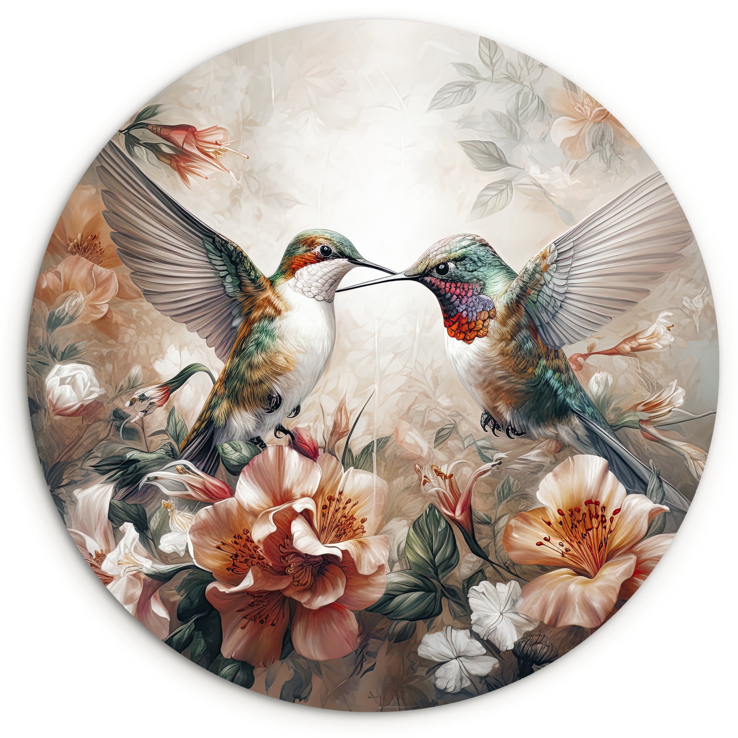 MuchoWow Gemälde Kolibri - Vögel - Blumen - Natur, Fotodruck (1 St), Kreis Wanddekoration, Rundes Wandbild, 30x30 cm