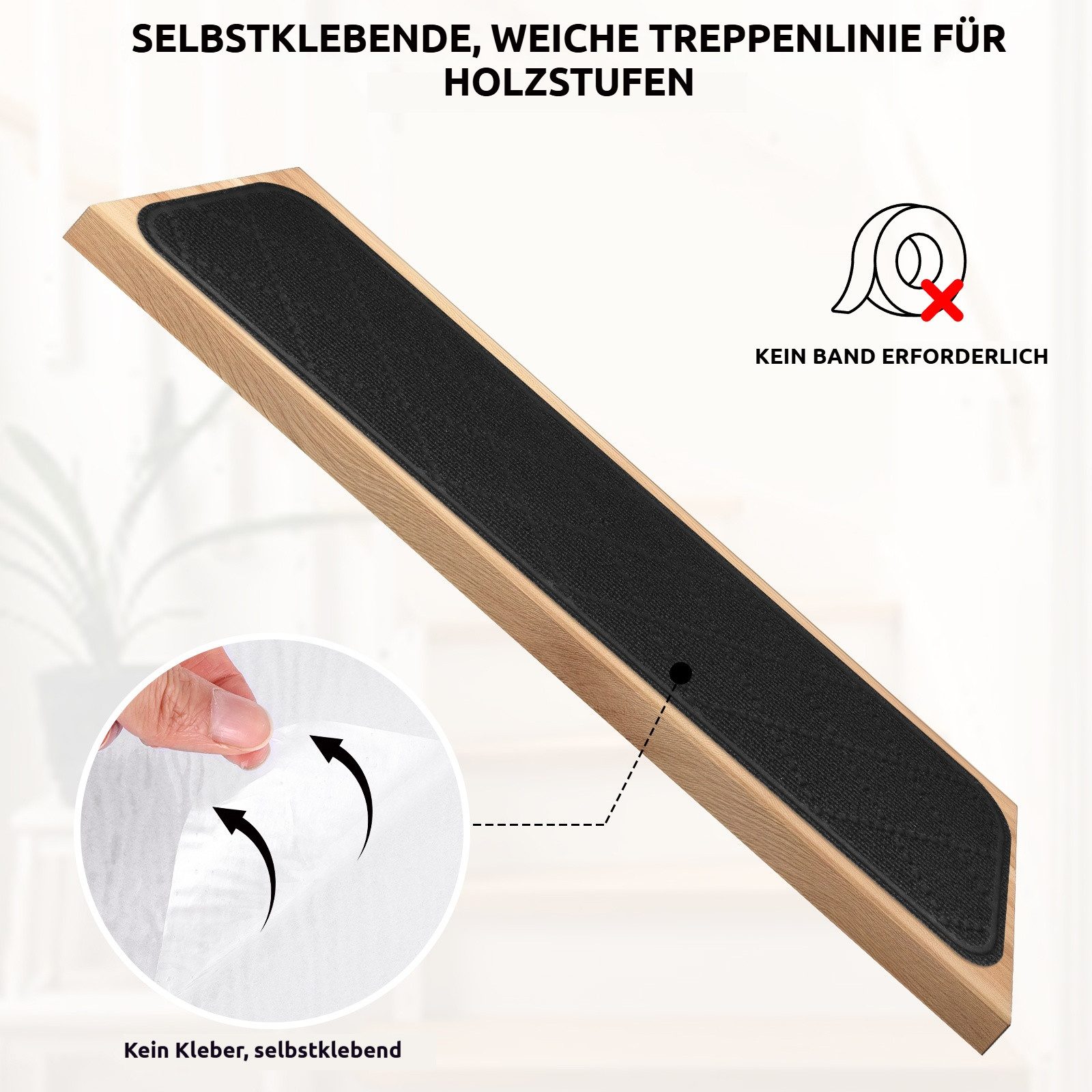 BlingBin Stufenmatte Treppenstufen Matten,Teppich-Treppenläufer Selbstklebend Innen 15Stück, Rechteck, Höhe: 5 mm, Antirutsch Zuschneidbar Wiederverwendbar für Kinder,Senioren& Haustiere