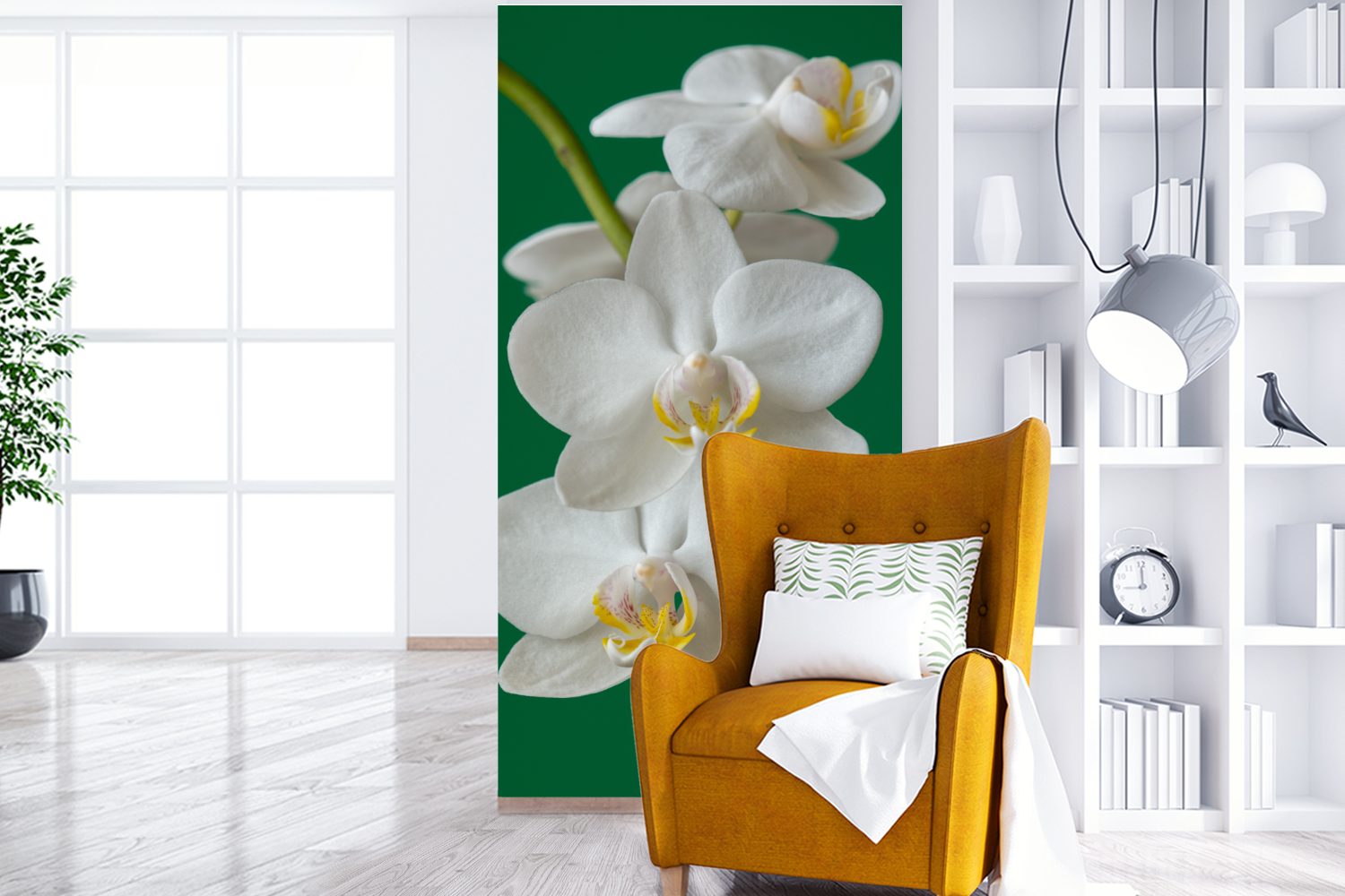 MuchoWow Fototapete mit Wohnzimmer Küche, Matt, für Fototapete Vliestapete (2 St), Hintergrund, Orchidee Schlafzimmer grünem bedruckt