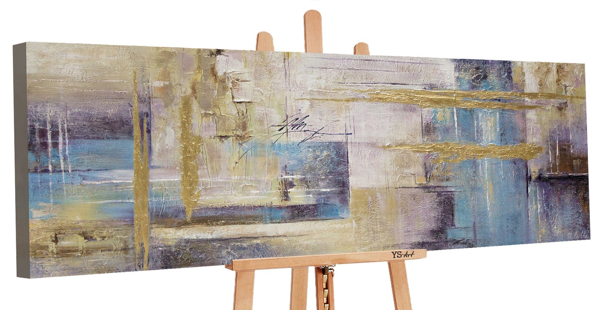 YS-Art Gemälde Zeitgeschehen II, Abstrakt, Leinwand Bild Handgemalt Abstrakt Gold Lila Blau Rechteckig
