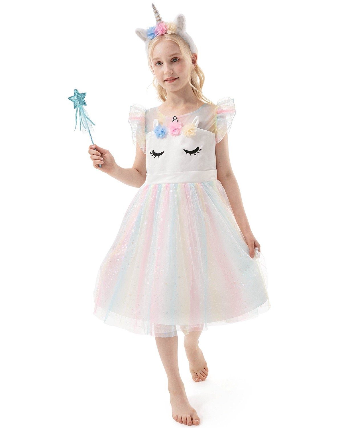 Corimori Prinzessin-Kostüm Bequemes Einhorn Kleid für Kinder, Karneval Set, mit Flügeln, Haarreif, Glitzer Zauberstab und Tattoos, Größe 128/134