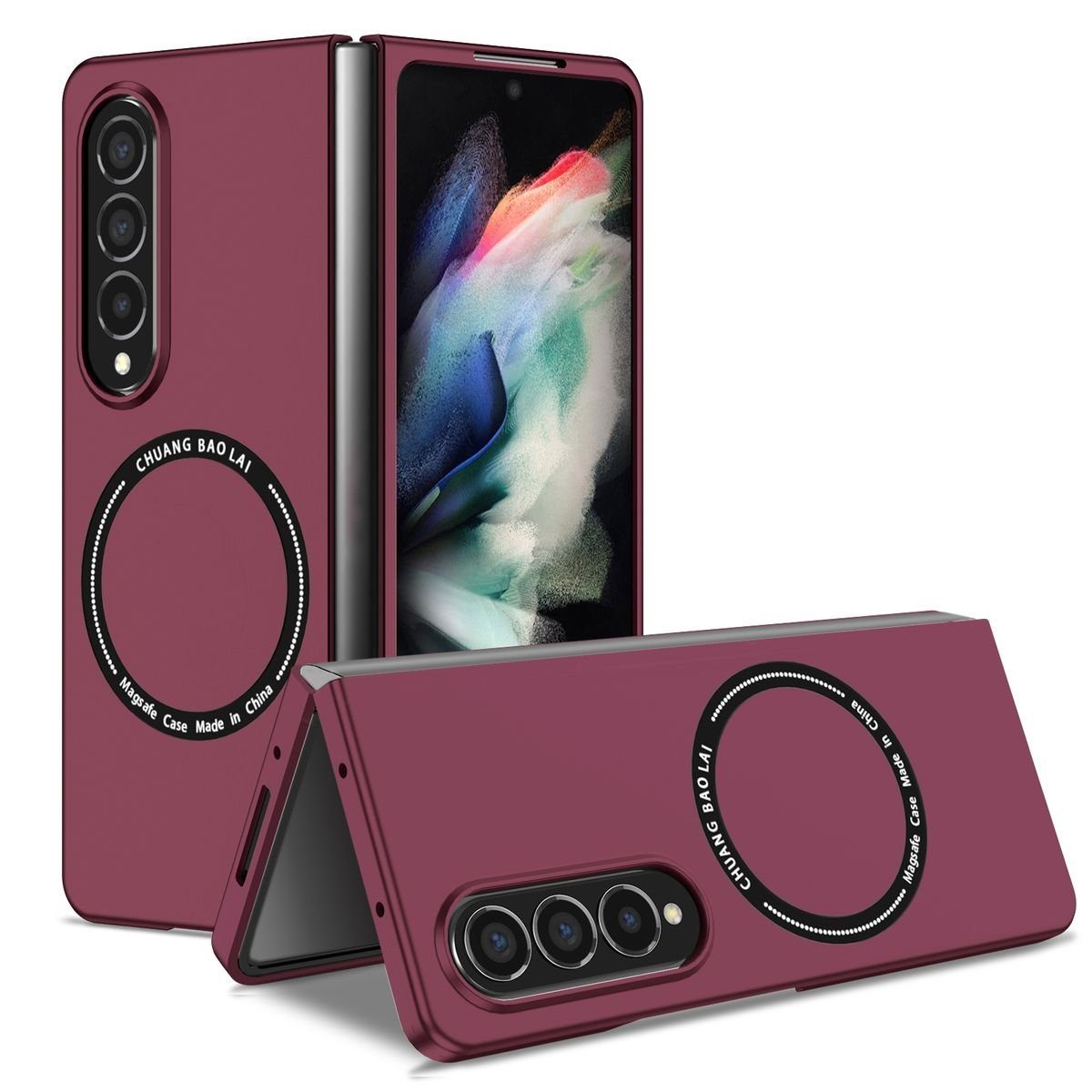 Wigento Handyhülle Für Samsung Galaxy Z Fold4 5G Magnet Magsafe Design Handy Tasche Hülle Etuis Weinrot