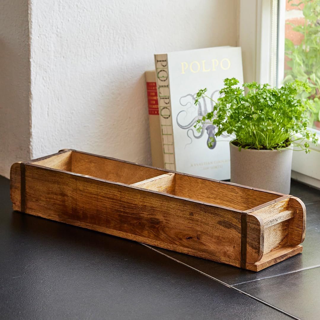 Die Stadtgärtner Aufbewahrungsbox Ziegelform aus Holz mit Metallbeschlägen & zwei Kammern, 50x14x10 cm