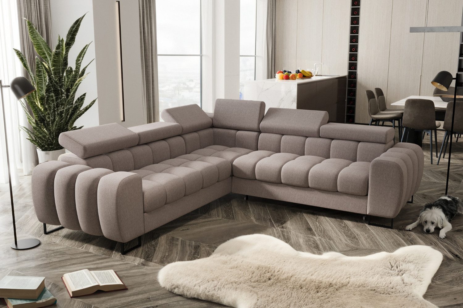 Friderik-EU Ecksofa Aspen Max 260x260 cm mit verstellbaren Kopfstützen, Stoff Gemma, - Schlaffunktion und Bettkasten - Liegefläche 117x190 cm