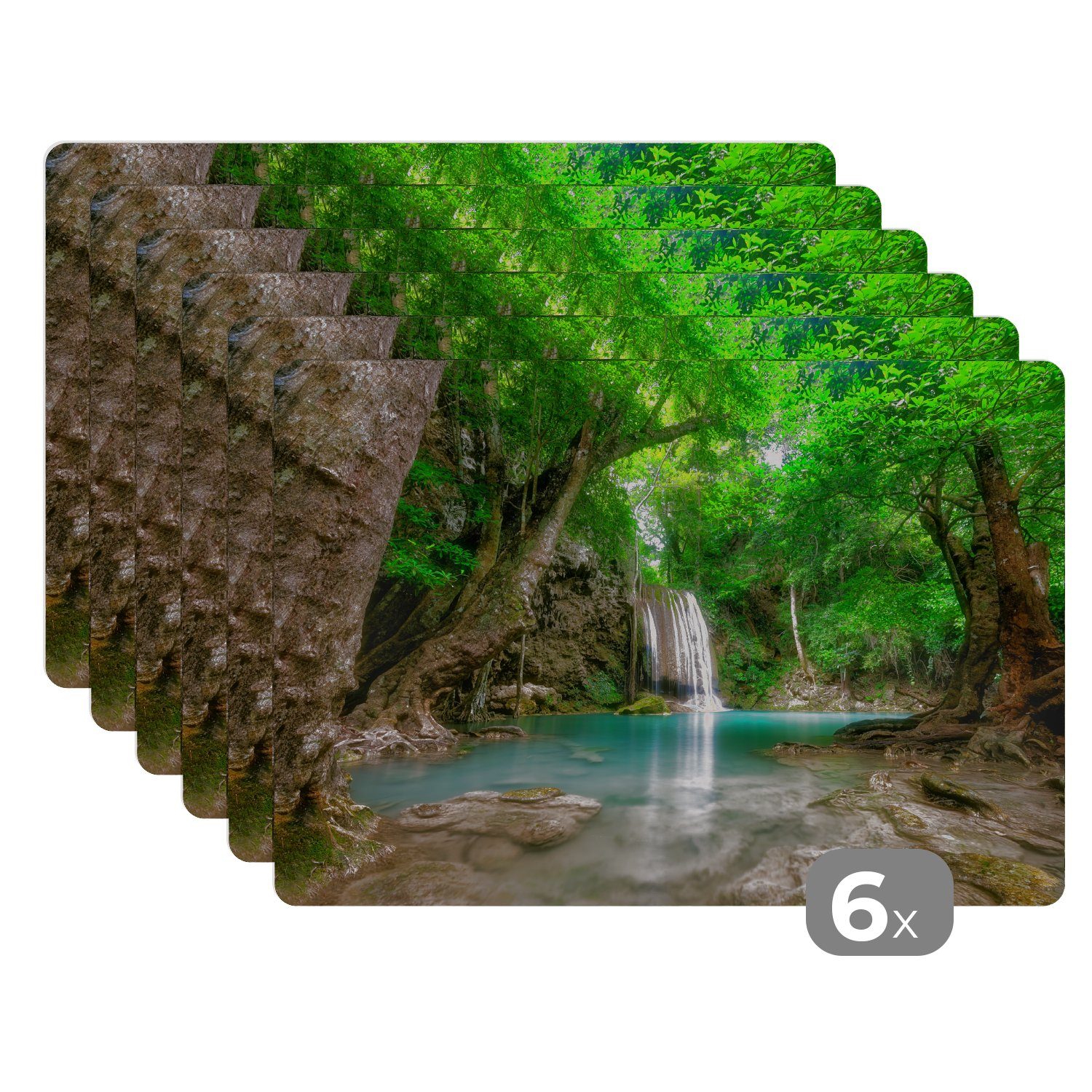 MuchoWow Platzset Dschungel - Wasserfall - Pflanzen - Wasser - Natur, (6-St), Platzsets, Tischset, Abwaschbar, Tischsets, Platzdeckchen