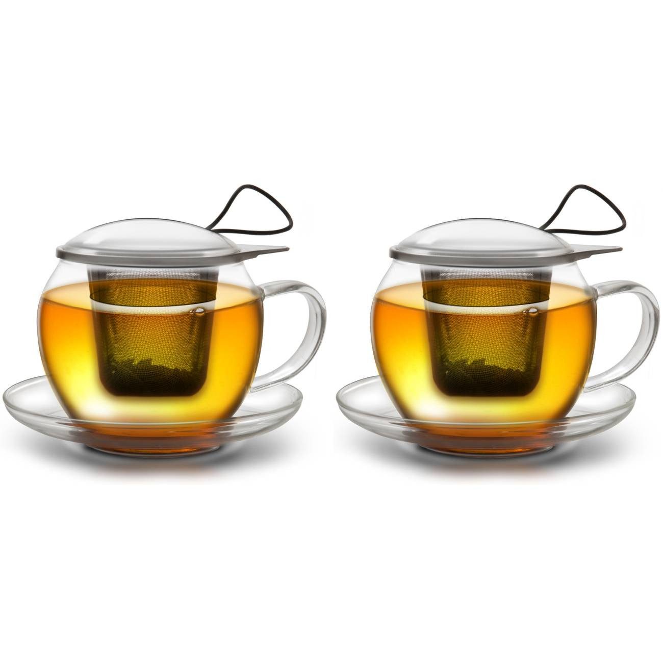 Creano Teeglas 2er Set JUMBO Tee-Tasse XXL, Henkel, Sieb, Deckel, Untertasse, 450ml, Borosilikatglas, 2 Tassen mit Untertassen