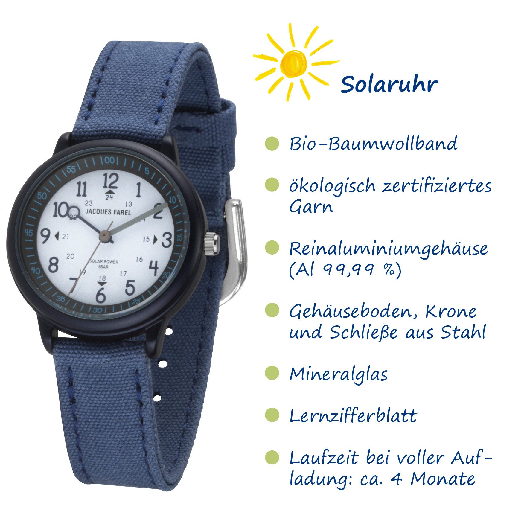 Jacques Farel Solaruhr ORSO Kinder Armbanduhr Solar Baumwollband, analog nachhaltig Geschenkidee Einschulung Kids Ø 30 mm – Bild 3 von 5