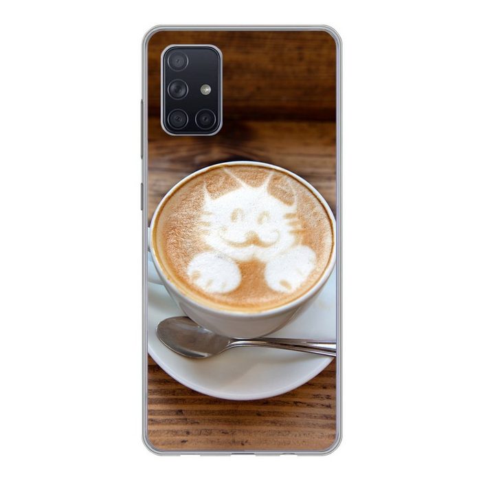 MuchoWow Handyhülle Eine Katze ist als Latte Art im Schaum eines Cappuccinos abgebildet Handyhülle Samsung Galaxy A51 5G Smartphone-Bumper Print Handy