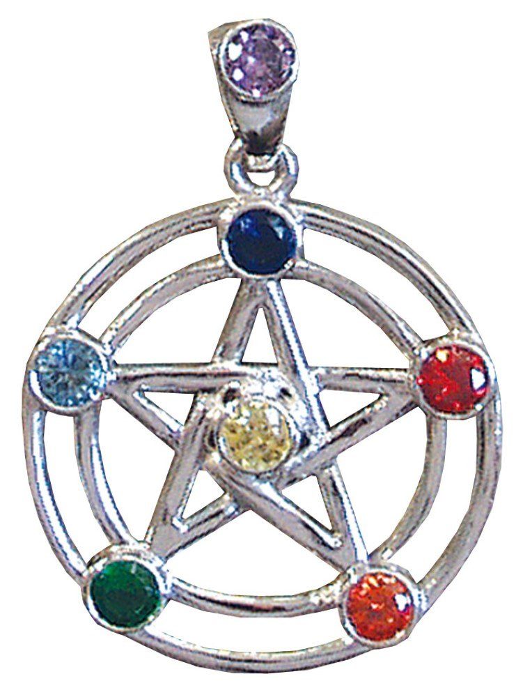 Saraswati Amulett Anhänger "Pentagramm" 7 Chakrensteine Messing versilbert