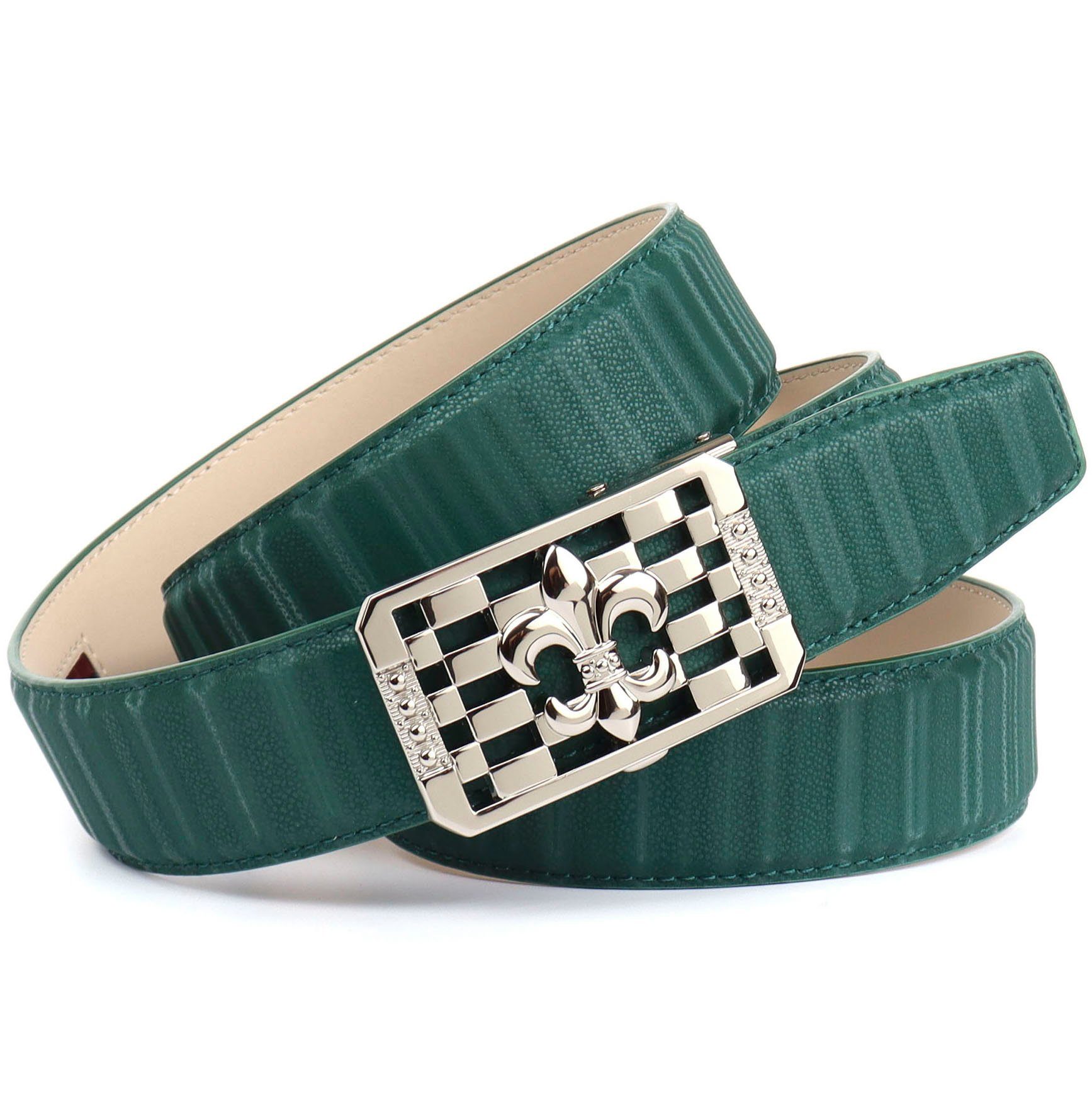 Anthoni Crown silberfarbener Lilien-Schnalle Ledergürtel stilisierter mit grün