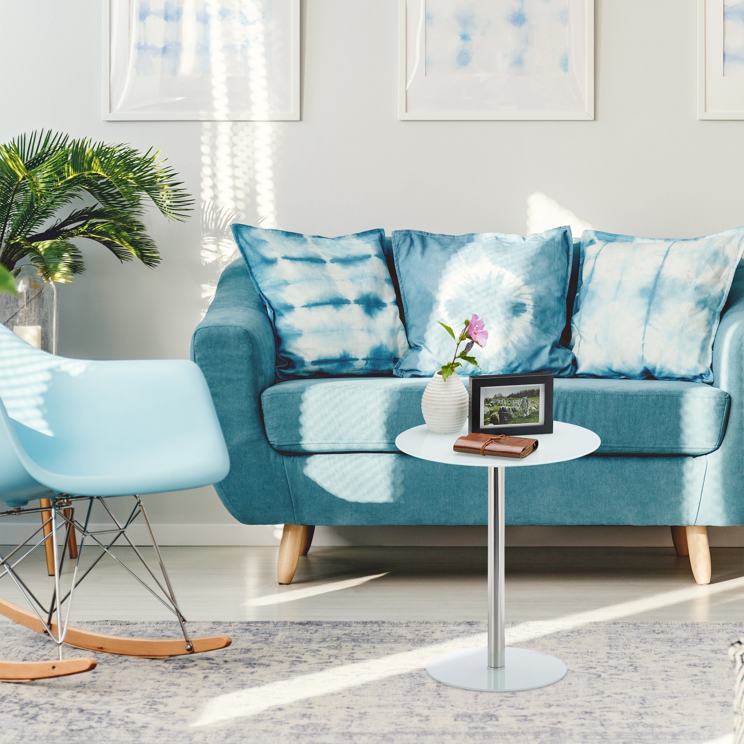relaxdays Beistelltisch Glas Edelstahl, weiß günstig online kaufen