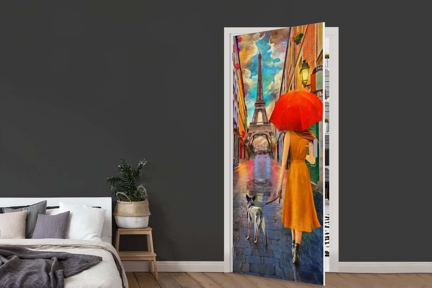 cm - MuchoWow Paris, Tür, - - St), (1 Türtapete bedruckt, Fototapete Türaufkleber, Matt, für Hund Ölfarbe - Gemälde Frau 75x205