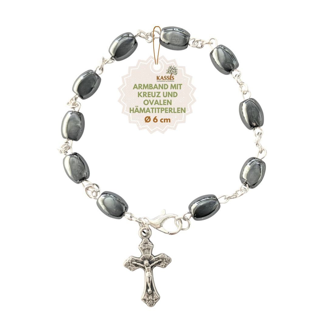 Kassis Geschenkartikel Armband mit ovalen Hämatit-Perlen Gebetskette Talisman Glücksbringer, handgefertigt in Bethlehem, Geschenk zu Kommunion Taufe Firmung