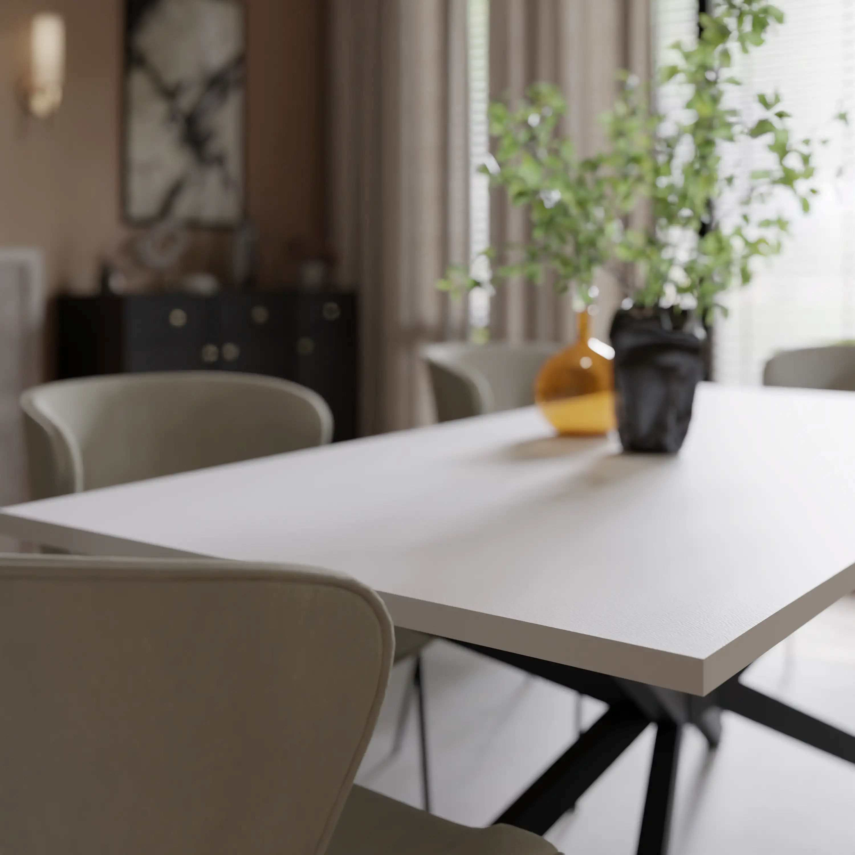 COMBO Esstisch 185x90cm Weiß Schwarze Metallbeine Esszimmer modern (Tischplatte 28mm laminiert 4 Beine Profil 80x40mm), Kratzfest pflegeleicht stabil Weiß Schwarz zeitloses Design