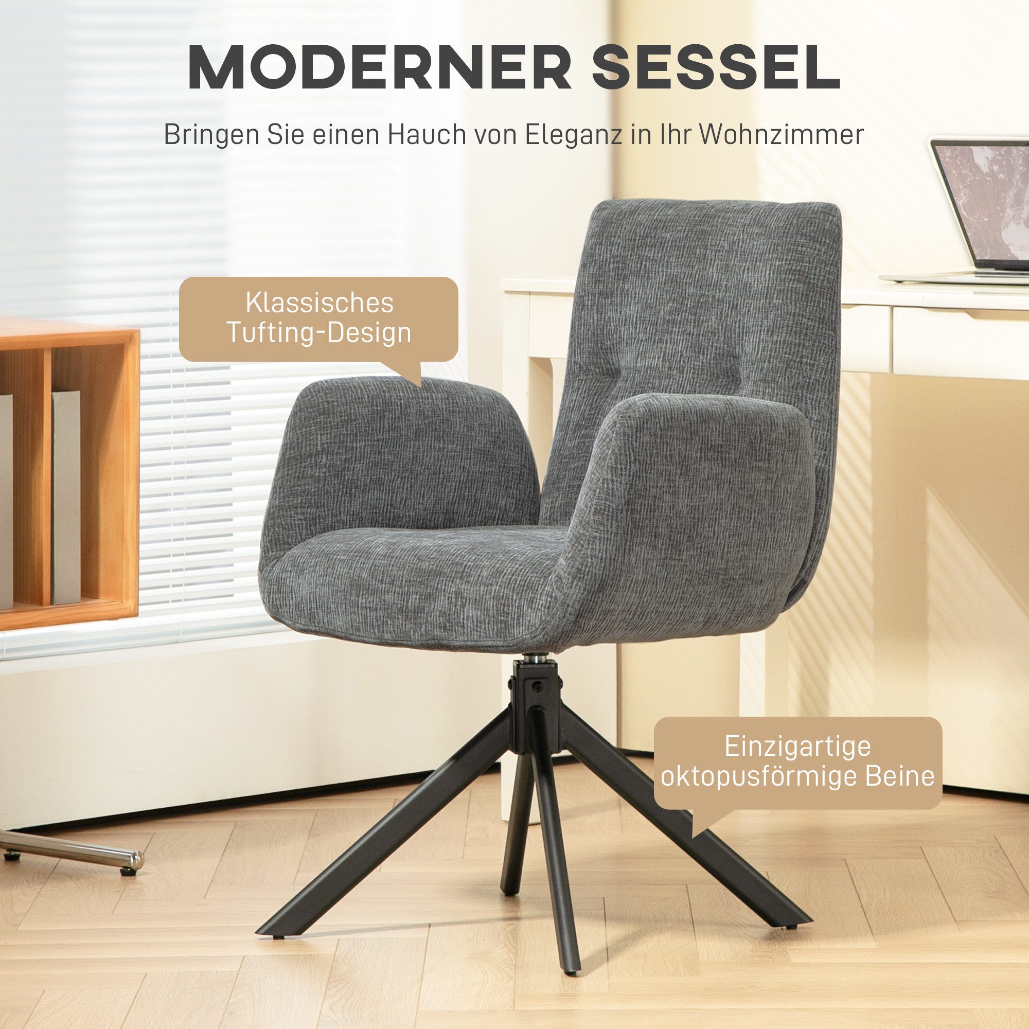 HOMCOM Relaxsessel Sessel Drehbar mit Armlehne, Wolle-Leinenoptik (Polsterstuhl, 1-St., Loungesessel), für Wohnzimmer, Schlafzimmer, Dunkelgrau – Bild 4 von 5