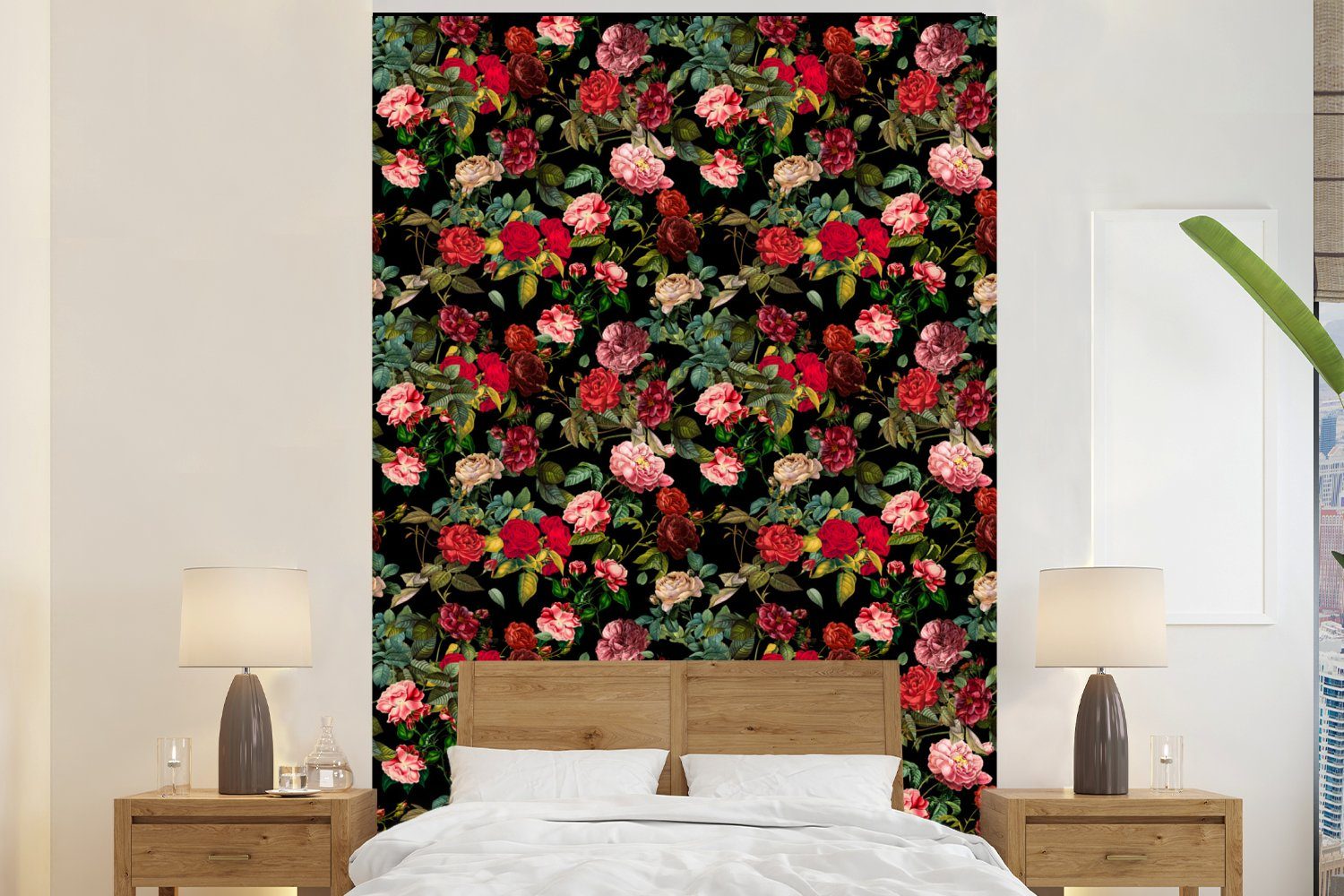 MuchoWow Fototapete Blumen - Rot - Rosen, Matt, bedruckt, (3 St), Montagefertig Vinyl Tapete für Wohnzimmer, Wandtapete