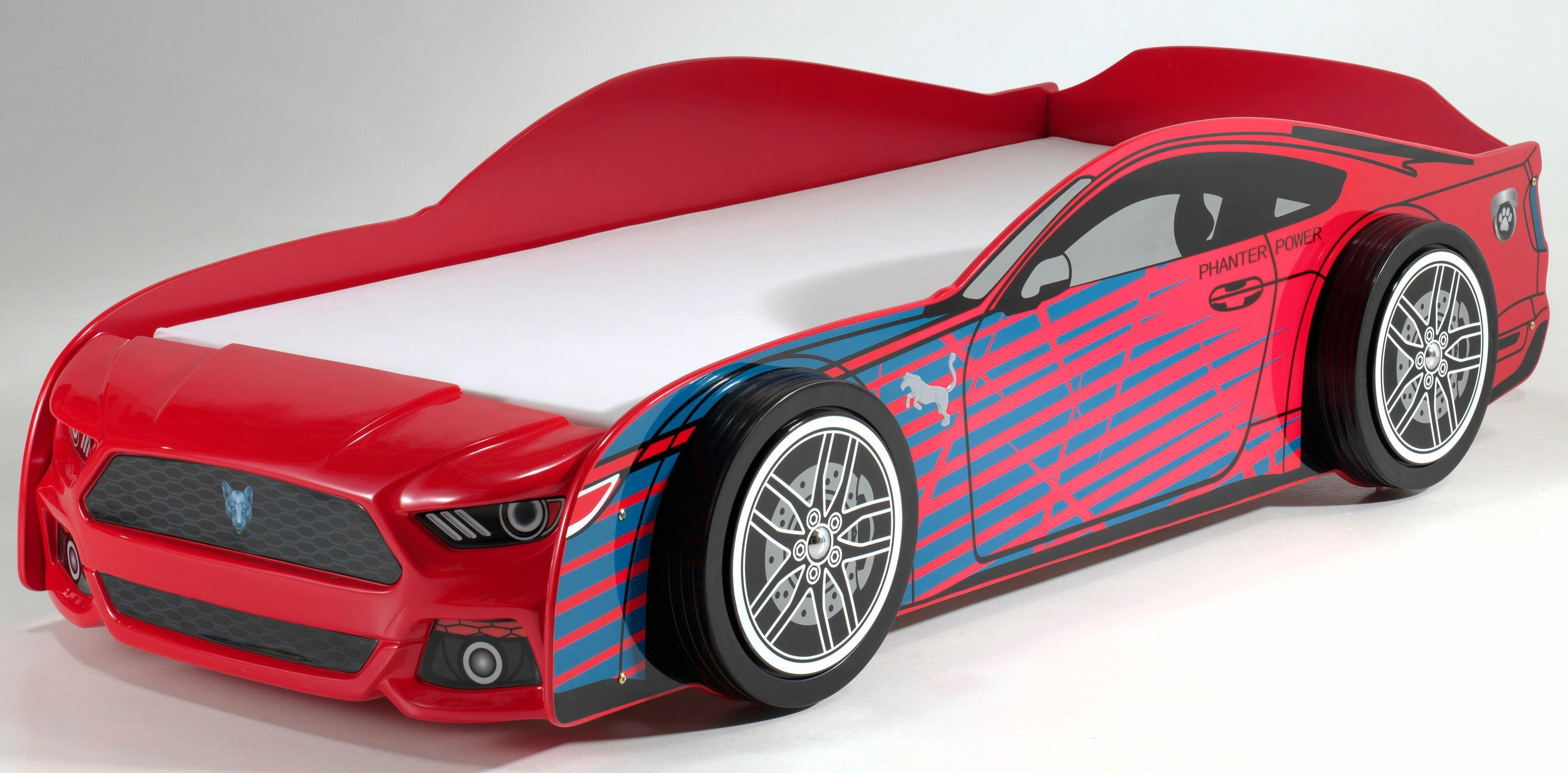 Vipack Car Bed Sport Car Look, Sleeping Area 90/200, Glossy Lacquered MDF (W/H/D approx. 227x60x111cm, incl. Slatted Frame, Wheels in Rim Look), Striking Plastic Front, a Highlight in the Children's Room