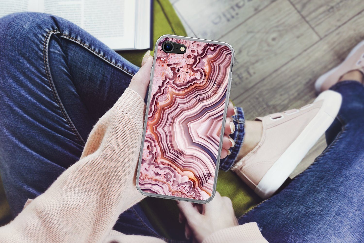 MuchoWow Handyhülle für Apple iPhone 8 Naturstein - Rosa - Luxus, Smartphone-Bumper, Print, Handy Schutzhülle Dünn