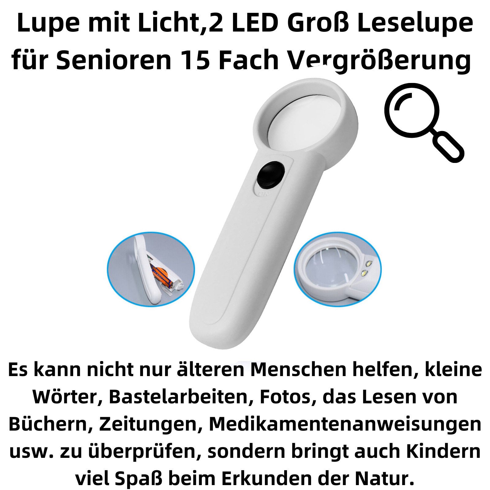 Bolwins Handlupe C34C Handlupe Lupe mit Licht 2 LED Leselupe für Senioren 15 Fach, Einzelset, 1-tlg., Handlupe, 15-fache Vergrößerung, 2 LED-Lichter