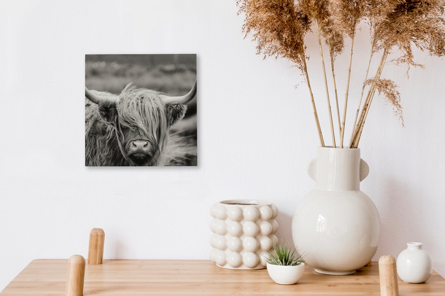 Schottischer Wohnzimmer Schlafzimmer Tiere für Schwarz-Weiß Highlander OneMillionCanvasses® St), Leinwandbild - Bilder Kuh Ländlich, (1 - - Leinwand -