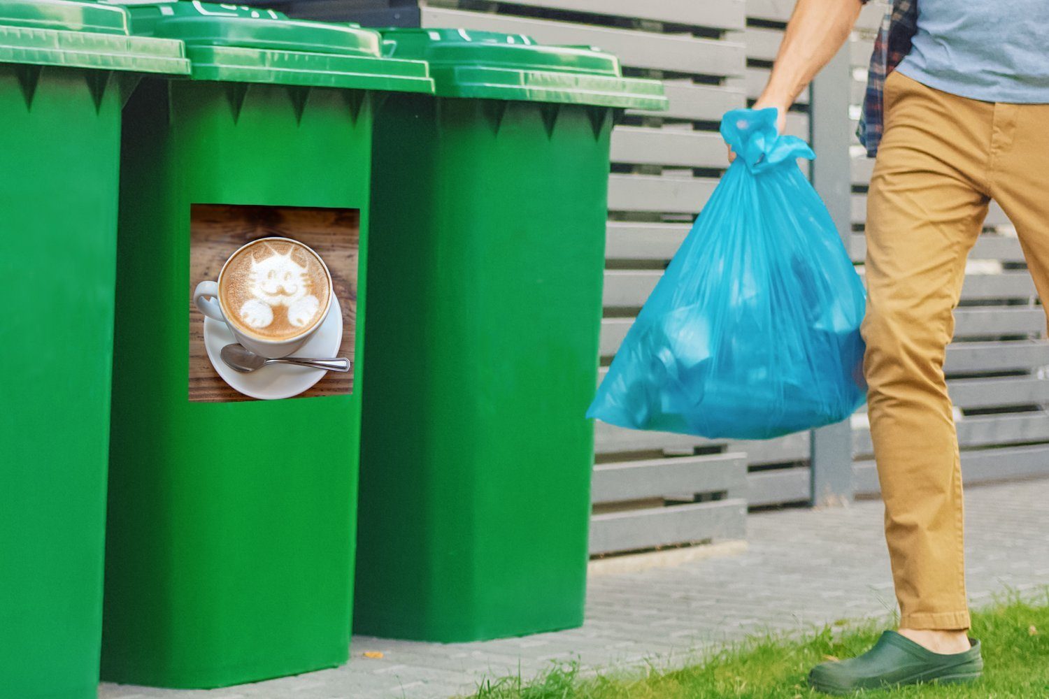 als Art im Eine St), Schaum ist Mülleimer-aufkleber, Abfalbehälter (1 eines Container, Mülltonne, Sticker, abgebildet Katze Wandsticker Cappuccinos Latte MuchoWow