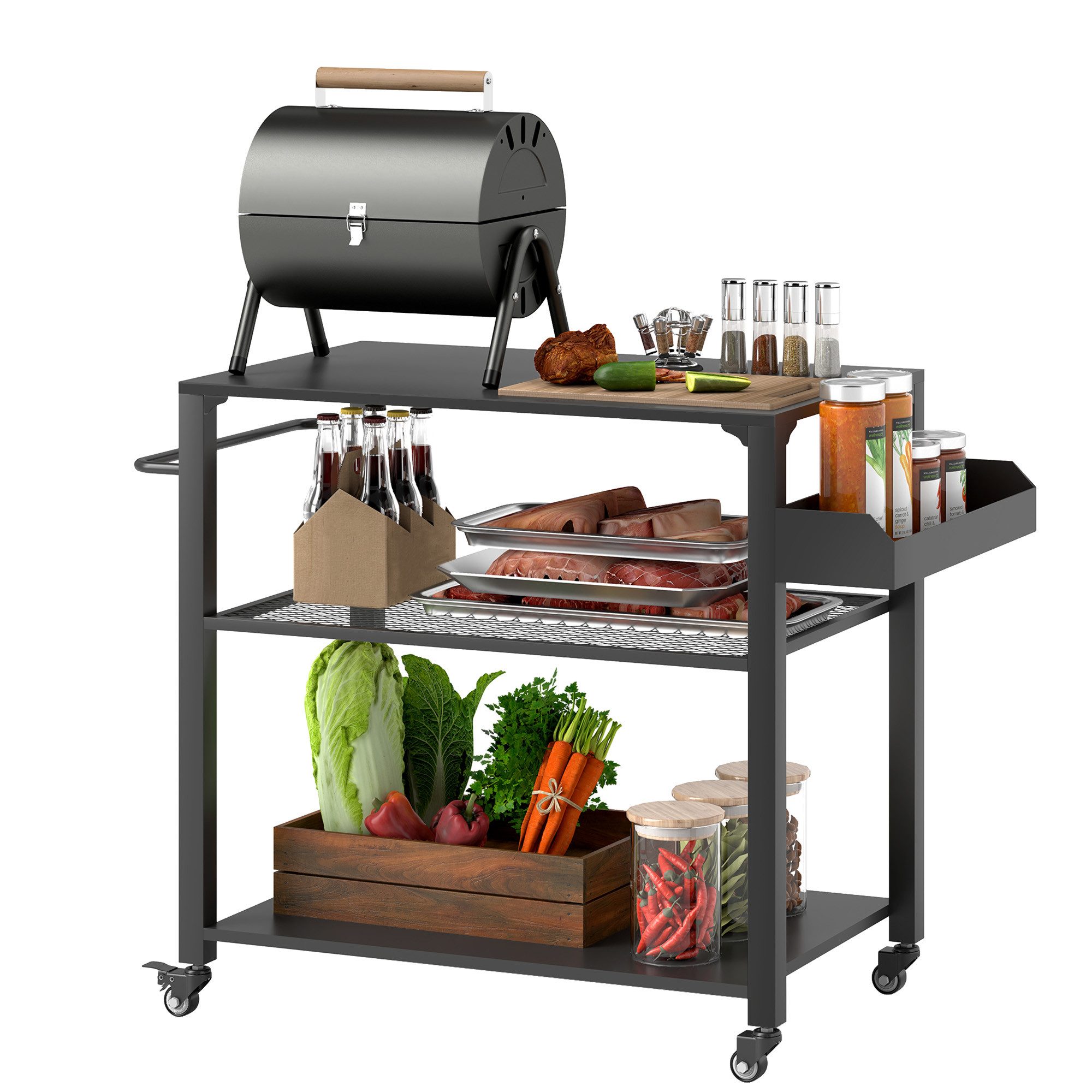 Outsunny Servierwagen 3-Etagen mit Arbeitsfläche Ablagen Räder, aus Edelstahl, (BBQ Grilltisch, 1 St., Grillwagen), für Garten, Terrasse, 105x50x79cm Schwarz