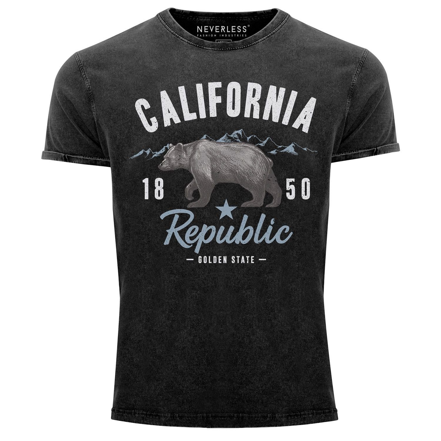 Neverless Print-Shirt Herren Vintage Shirt California Sommer Summer Golden State USA Bär Bear Printshirt T-Shirt Aufdruck Used Look Neverless® mit Print schwarz